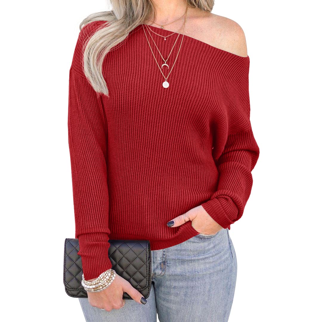 IWOLLENCE Women's Off Shoulder Waffle Knit Sweater - Batwing Long Sleeve Loose Pullover Top for Casual Wear & Fall Fashion
