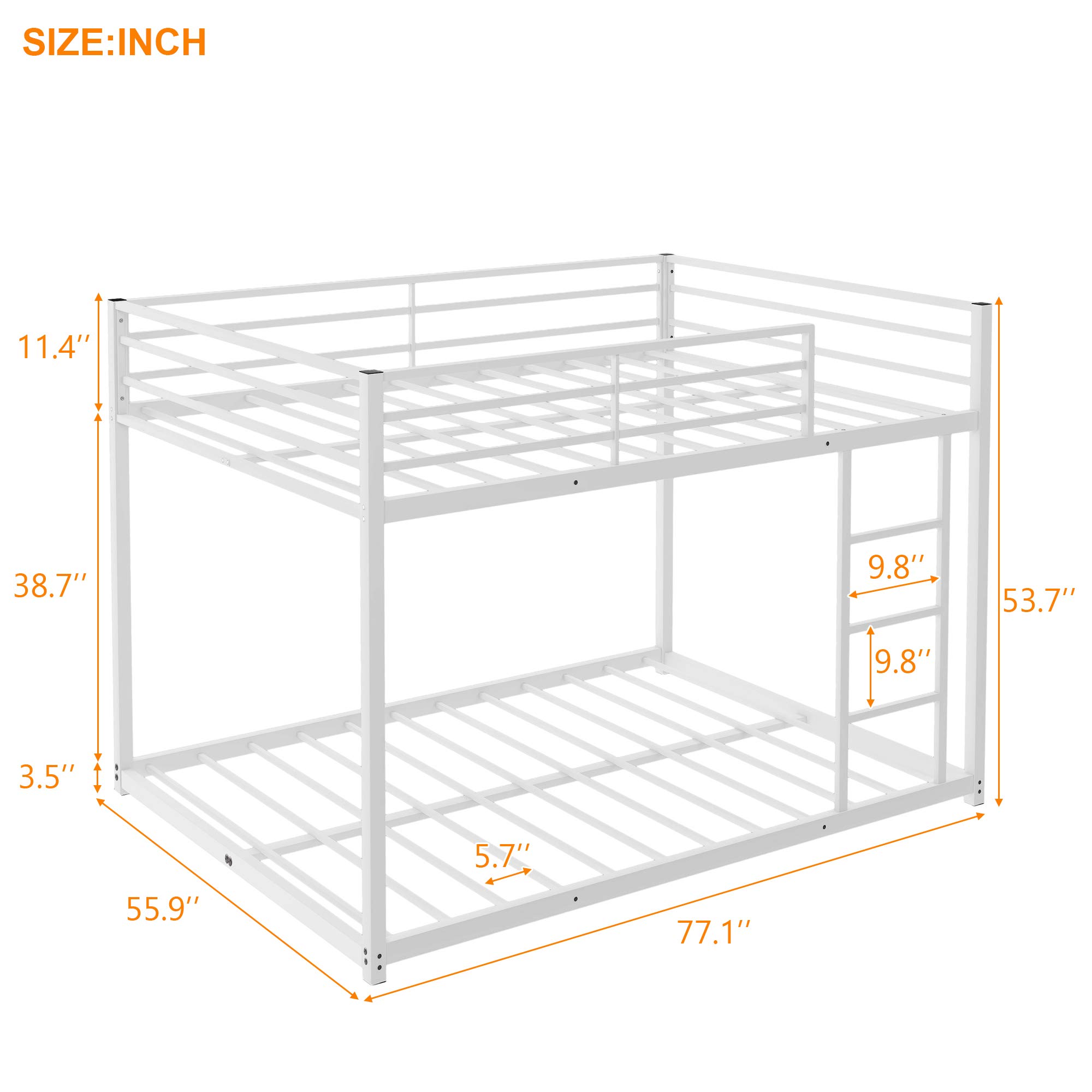 Sturdy Metal Bunk Bed Frame with Safety Rails & Flat Ladder - Full Size Low Profile Bunk Bed for Kids, Teens & Adults - No Box Spring Needed (White) - Perfect for Dorm Rooms, Kids' Bedrooms & Space-Saving Home Solutions