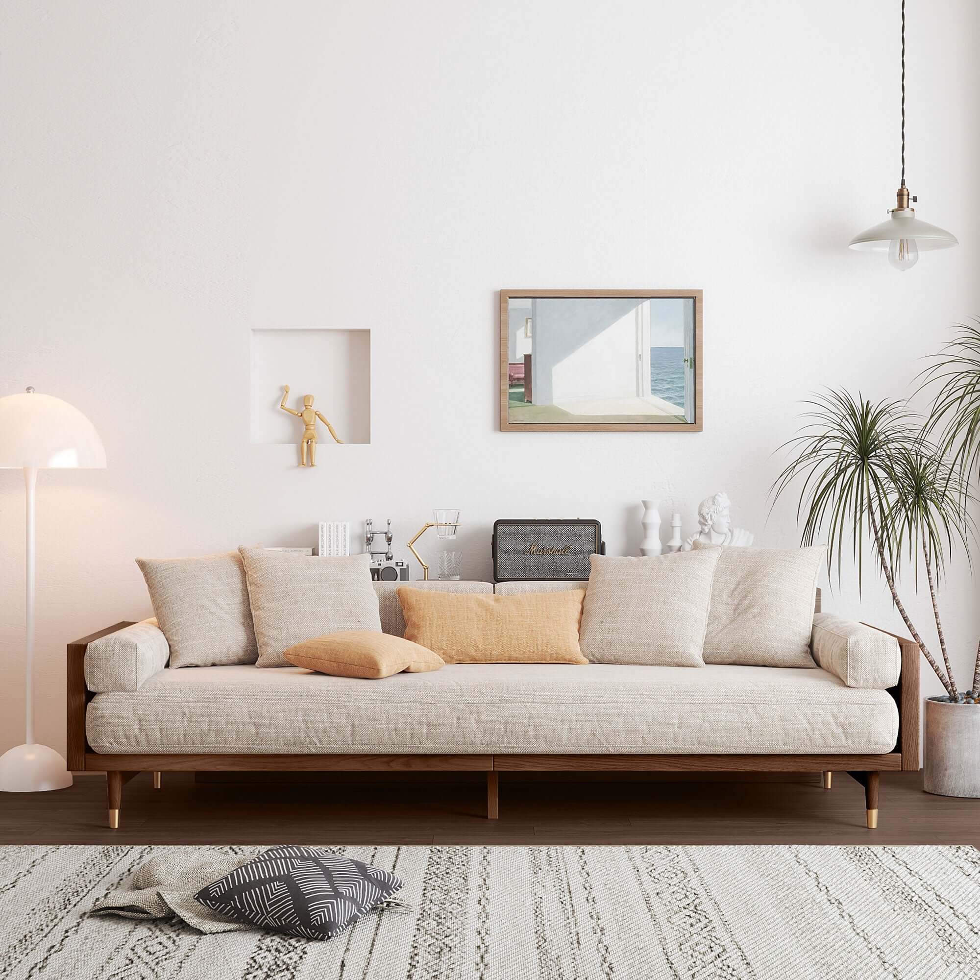 Modern Beige 3-Seater Upholstered Sofa with Linen Fabric & Solid Wood Frame - Comfortable Living Room Couch for Relaxing, Entertaining & Family Gatherings