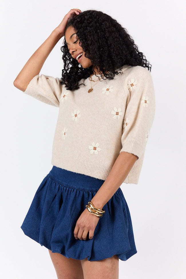 So Into You Women's Oatmeal Short Sleeve Floral Embroidered Sweater - Cozy Knit Pullover for Casual Outings & Fall Fashion