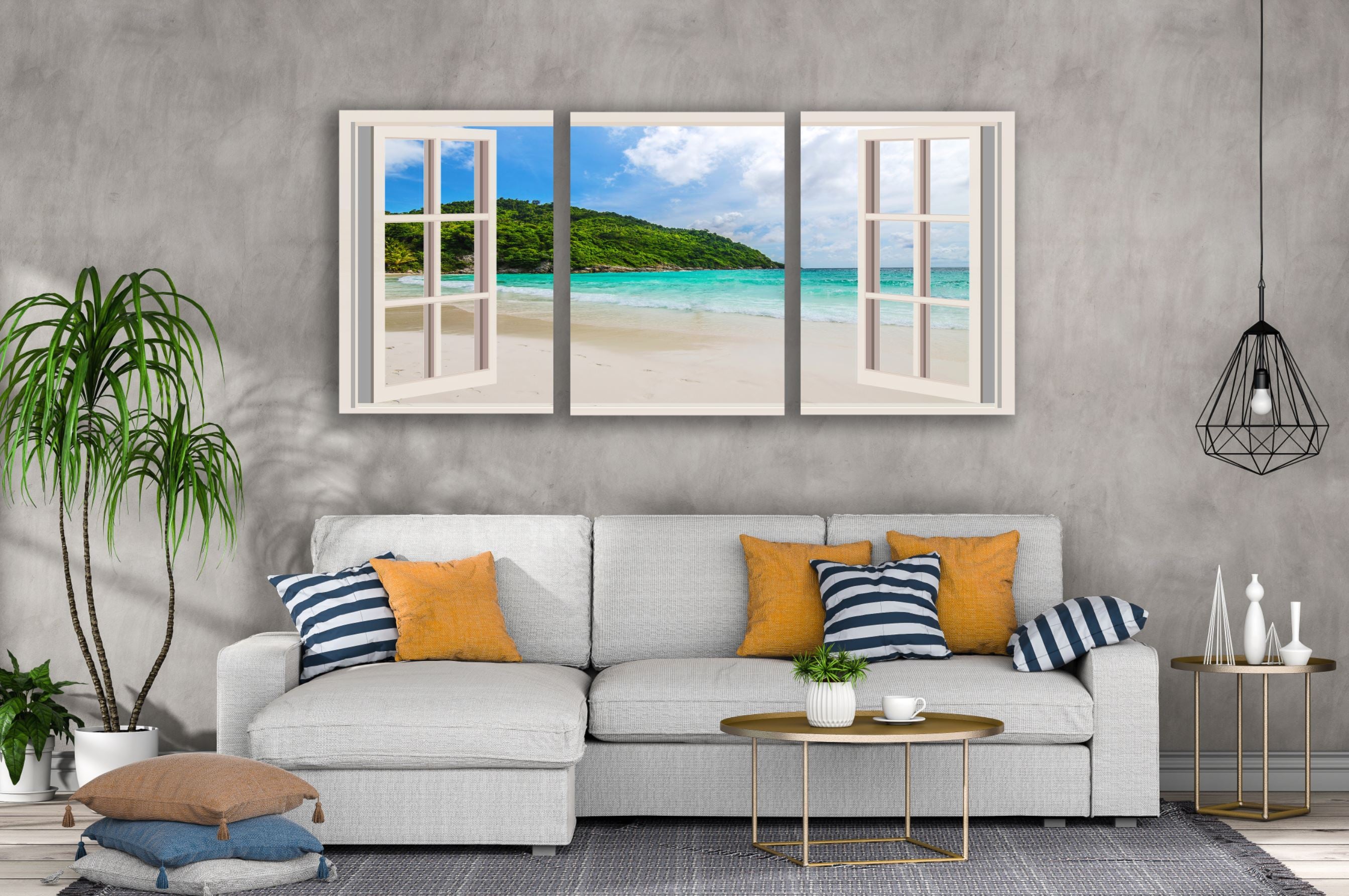 3-Piece Sea View Through Window Canvas Wall Art Prints - High Quality 100% Australian Made - Ready to Hang - Perfect for Living Room, Bedroom & Office Decor