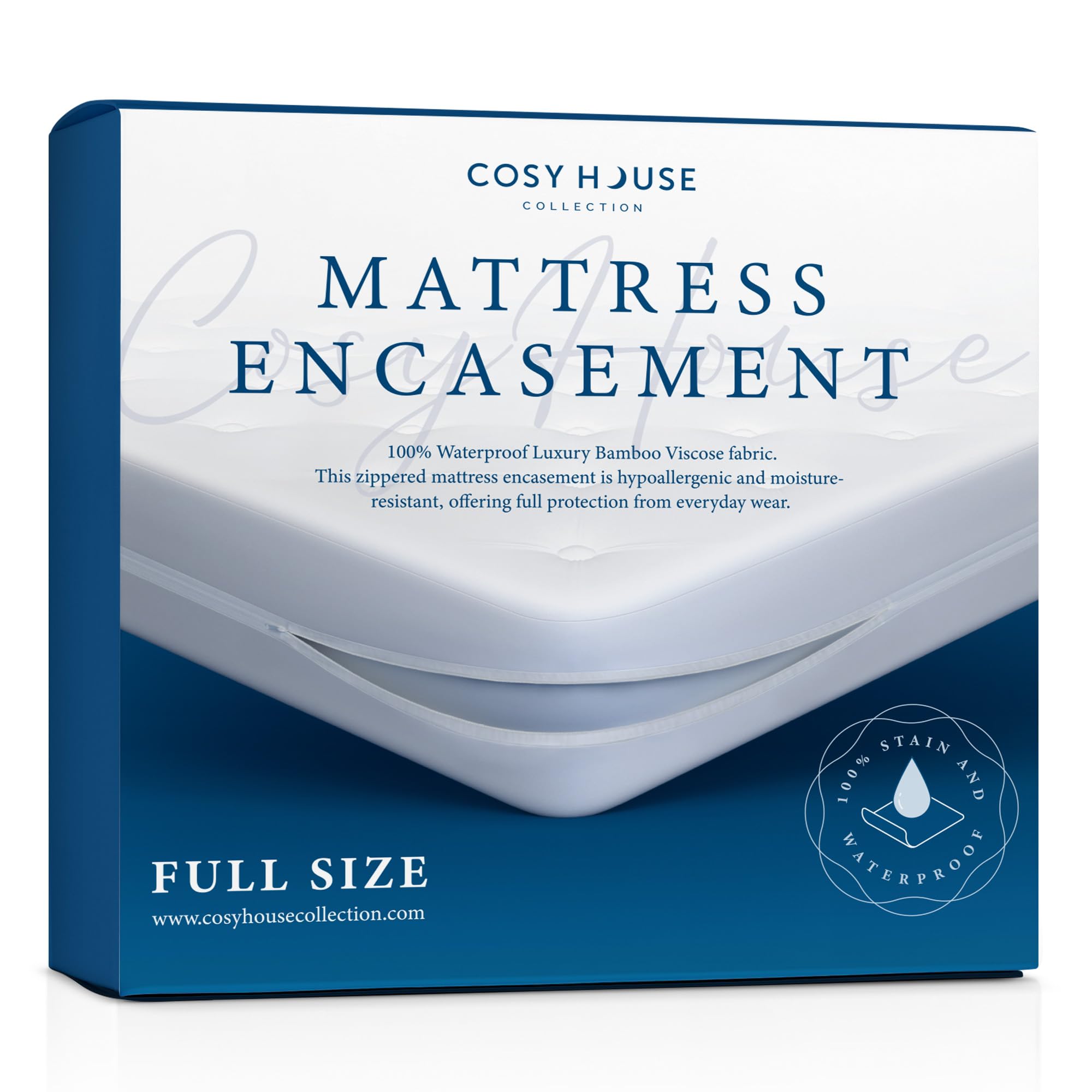 Luxury Zippered Mattress Encasement - 100% Waterproof Bamboo Rayon Cover - Noiseless Cooling Bed Protector for College Dorm, Guest Room & Home Use (Full Size)