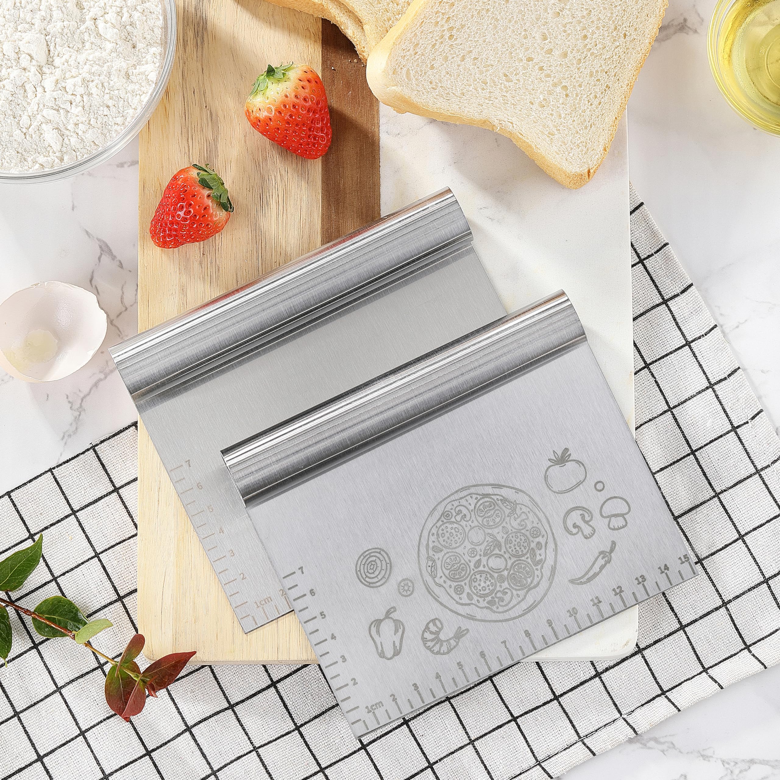 2-Pack Stainless Steel Bench Dough Scraper & Cutter - 6 Inch Professional Kitchen Tool with Protective Cover for Baking, Cooking, Pizza Dough - Perfect for Home Bakers & Commercial Kitchens (Silver)