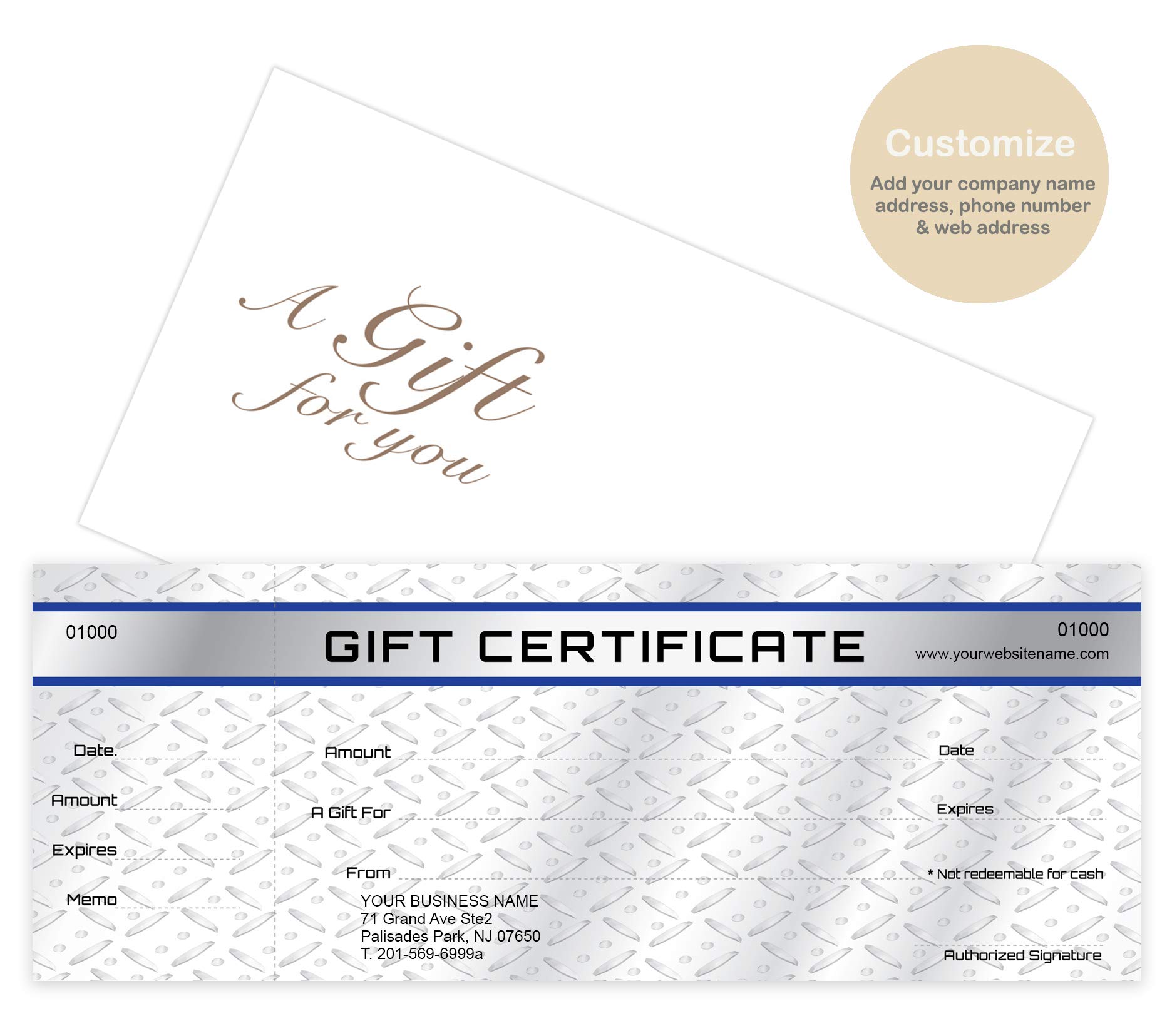 Personalized Gift Certificate Cards with Envelopes - 100 Pack Metal Plate Design - Custom Coupons & Vouchers for Small Business - Perfect for Retail Rewards, Employee Recognition & Customer Loyalty Programs