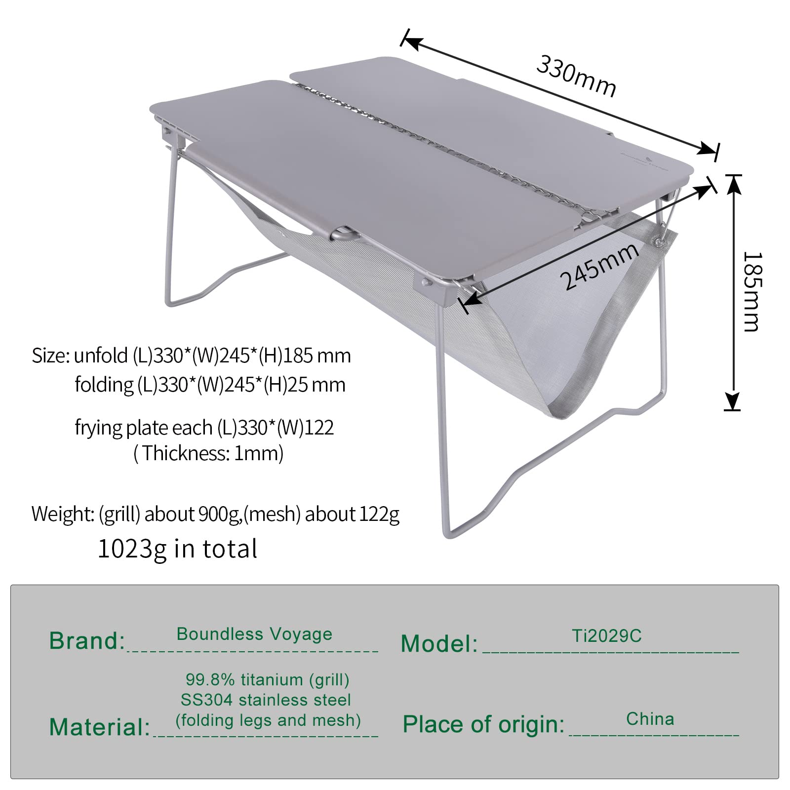 Boundless Voyage Titanium Folding Campfire Grill - Portable 2-in-1 BBQ Charcoal Grill & Camping Table with Collapsible Legs & Frying Plate - Perfect for Outdoor Picnics, Backpacking, and Camping Adventures