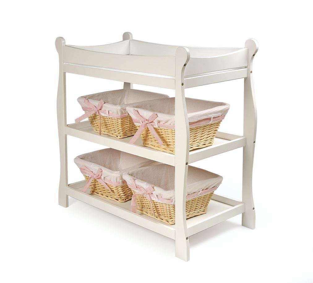 Badger Basket Sleigh Style Baby Changing Table with Pad - Cherry Wood Nursery Dresser with Storage Shelves | Perfect for Baby Rooms, Daycare Centers & Gift Registries