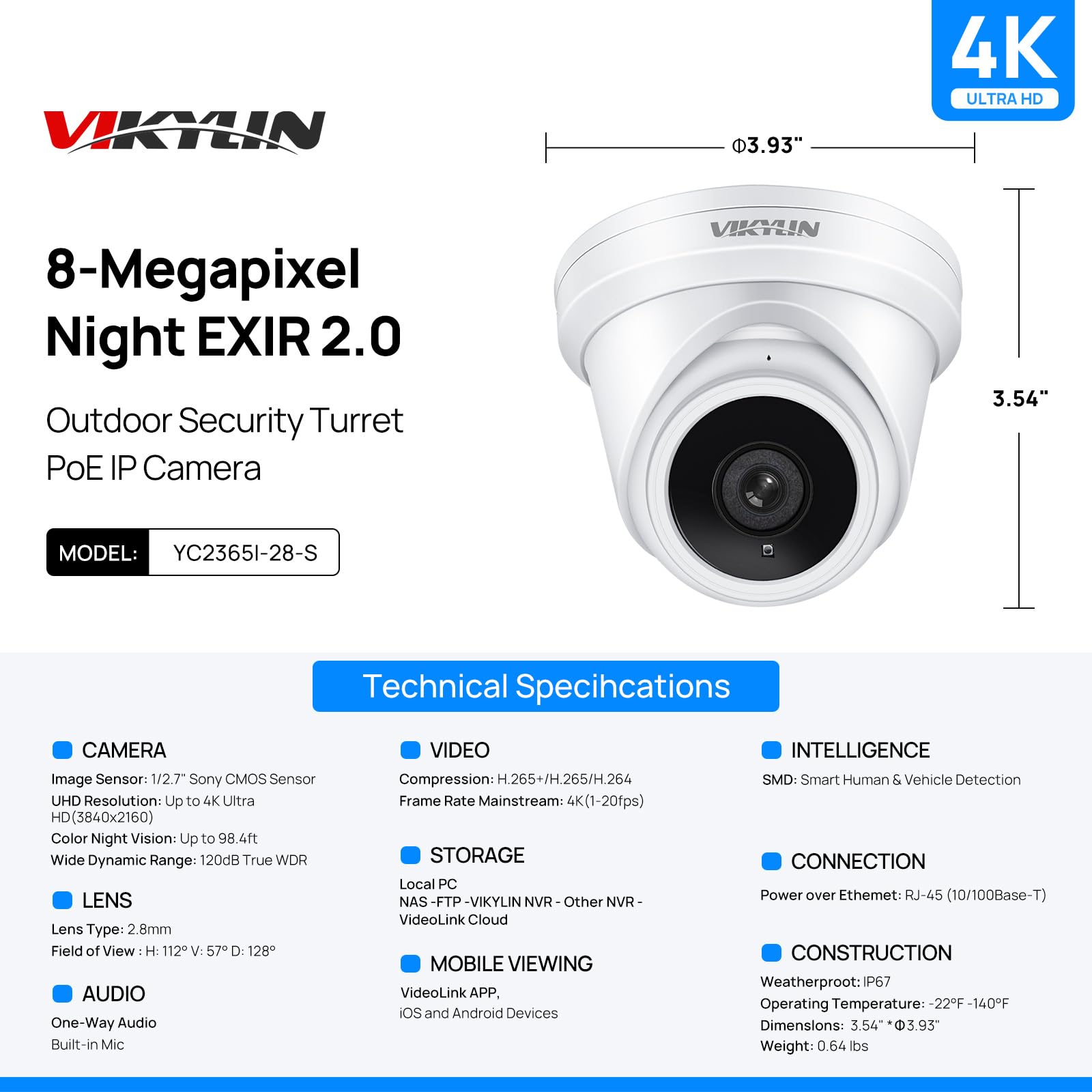 VIKYLIN 8MP PoE IP Security Camera Outdoor, 4K Turret Surveillance Camera with Human/Vehicle Detection, 2.8mm Lens, Built-in Mic, H.265+, WDR, 98ft Night Vision, IP67, NDAA Compliant - Ideal for Home Security, Business Monitoring & Outdoor Surveillance