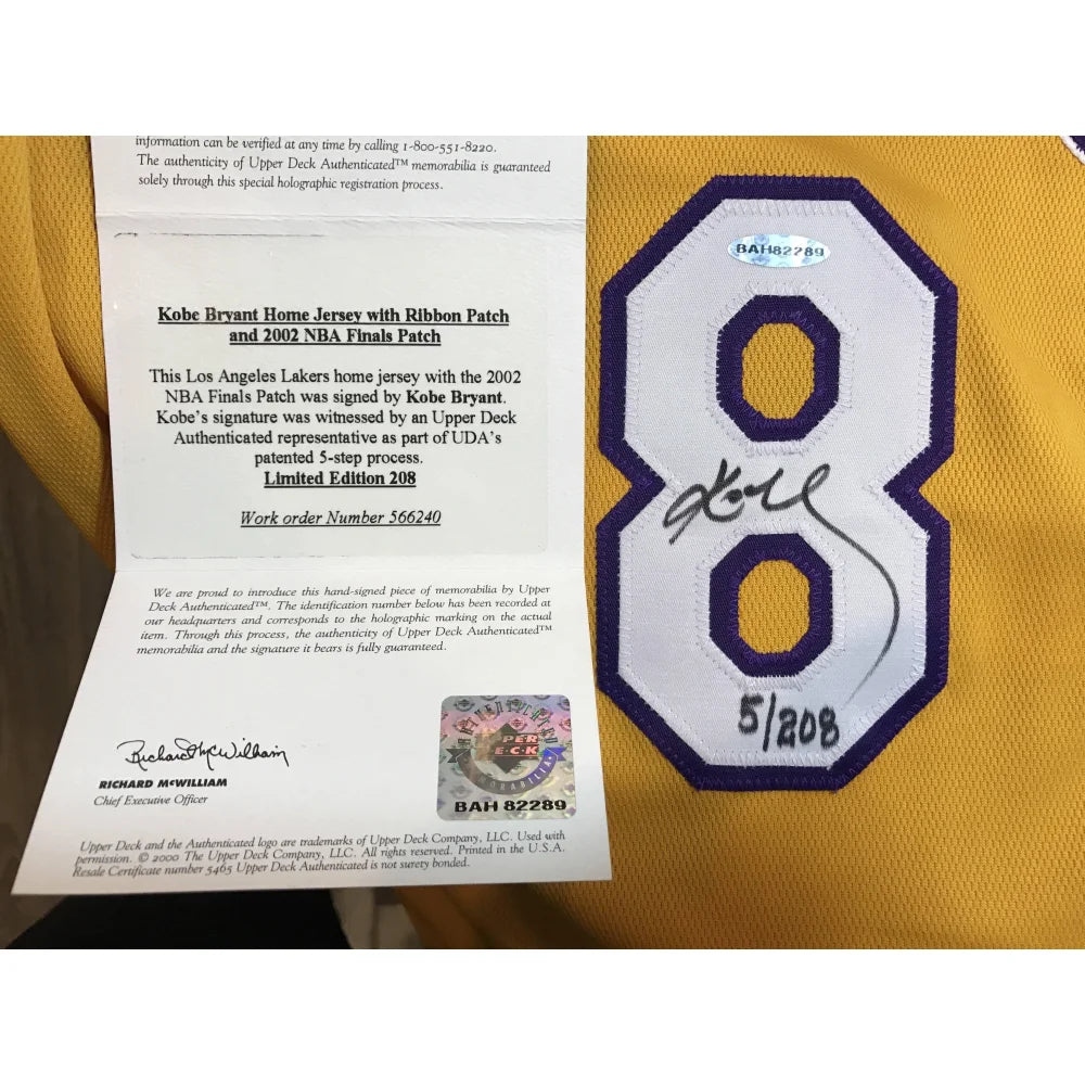 Authentic Kobe Bryant Signed Lakers #8 Jersey with UDA COA #D/208 - NBA Finals Memorabilia for Collectors & Sports Fans - Perfect for Display in Man Caves, Sports Bars & Memorabilia Rooms