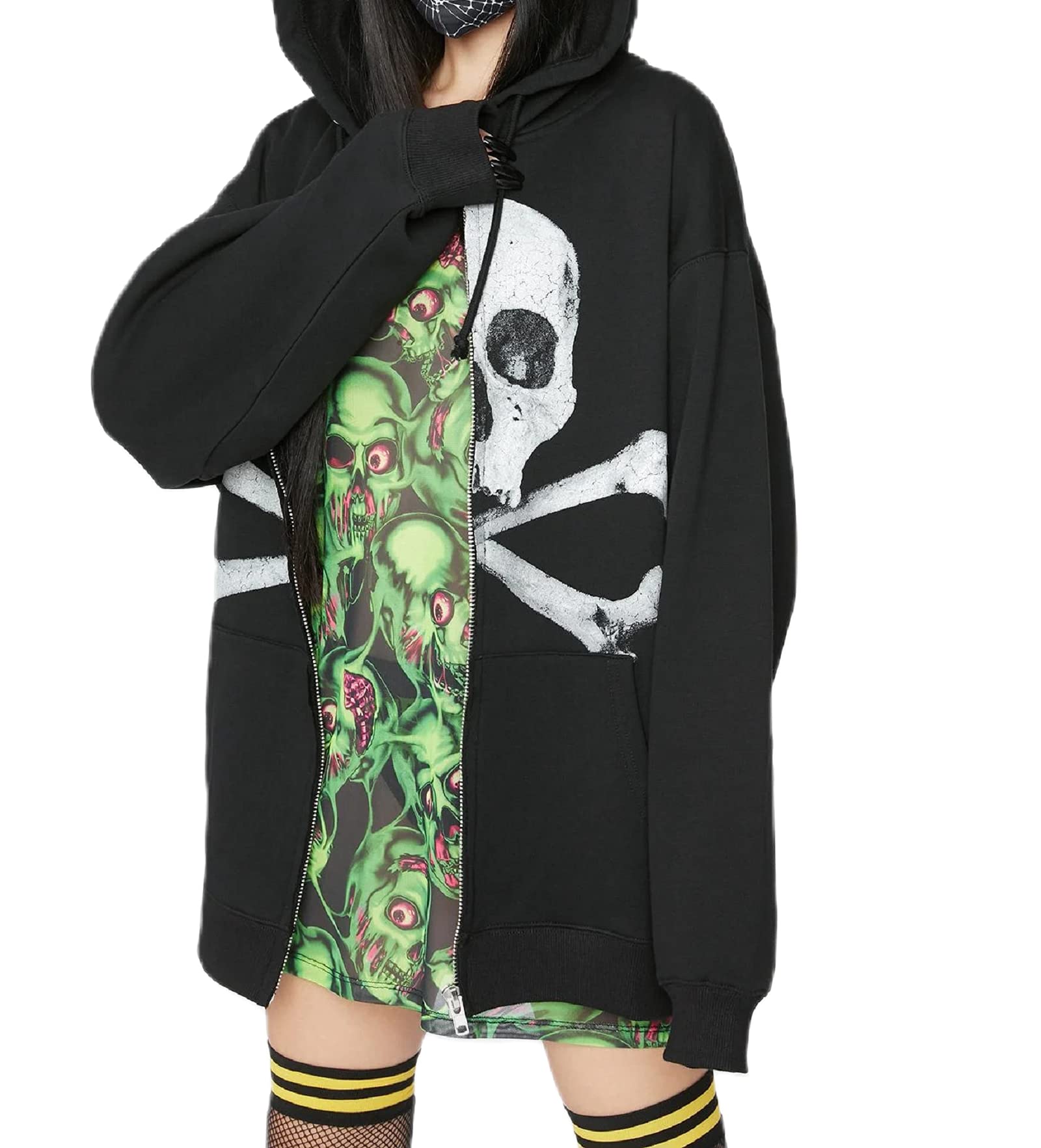 Women's Angel Print Oversized Hoodie - Skull Skeleton Pattern Zip Up Jacket - Y2K Streetwear - Plus Size Sweatshirt for Autumn Winter | Casual Wear, Layering, Gothic Fashion