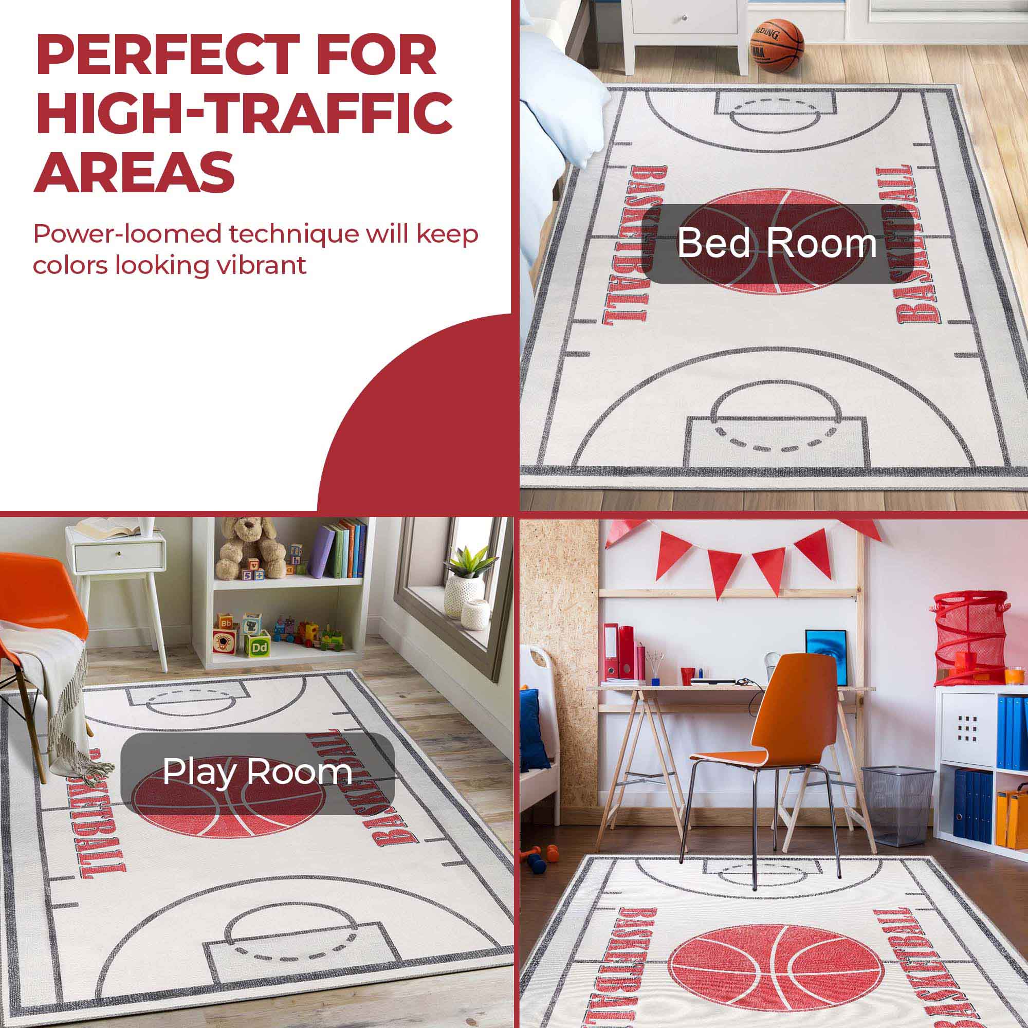 Non-Slip Kids Washable Indoor Basketball Court Playroom Area Rug - Perfect for Playrooms, Bedrooms & Game Rooms