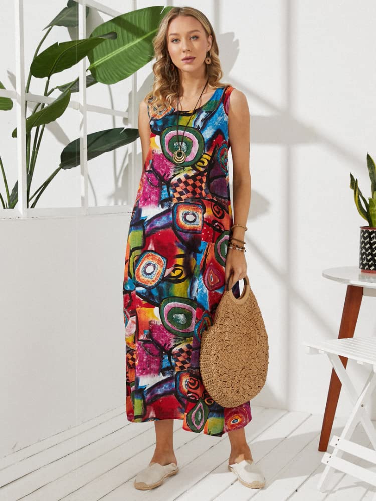 ZANZEA Women's Floral Print Boho Maxi Dress - Sleeveless Loose Fit Long Summer Dress for Beach, Party & Casual Wear | Perfect for Vacations, Outings & Outdoor Events