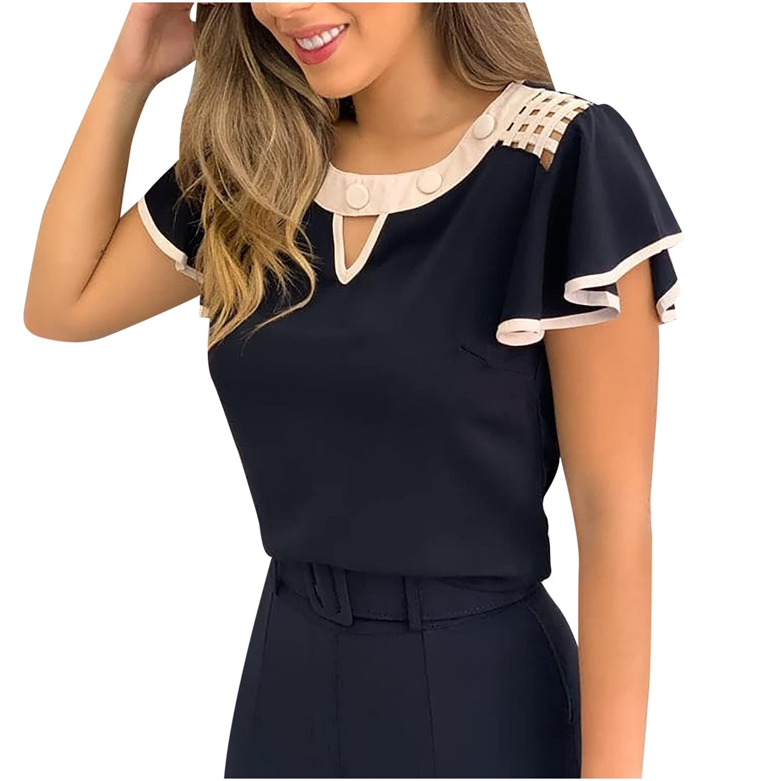 Women's Summer Tops | Ruffled Short Sleeve T-Shirts | Casual Round Neck Tees | Solid Color Blouses | Trendy Slim Tunic Tops for Women | Perfect for Beach, Office & Date Nights