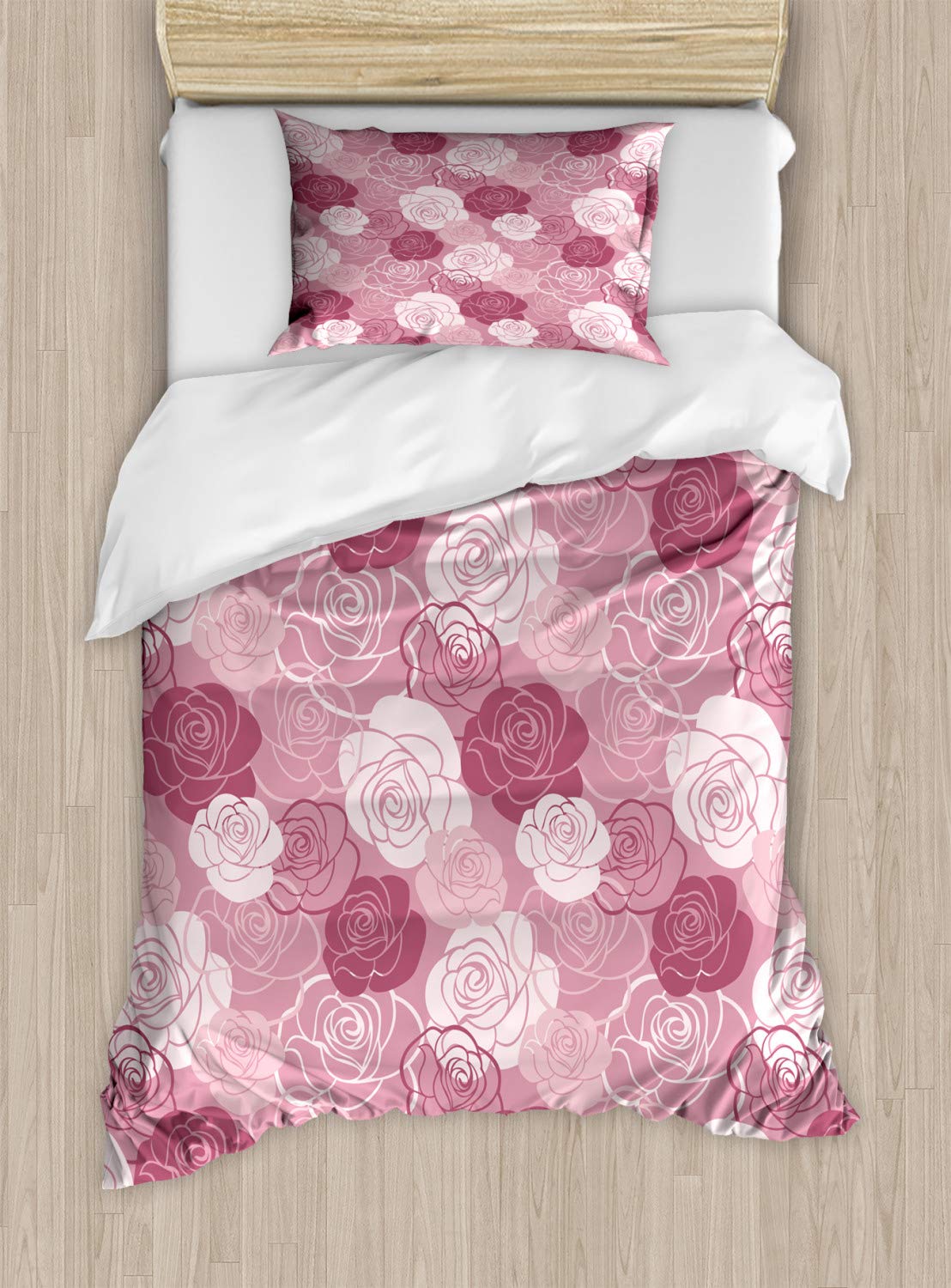 Ambesonne Rose Flowers Duvet Cover Set - Pastel Tone Romantic Floral Design with Petals Motif, Twin Size 2-Piece Bedding Set with Pillow Sham - Perfect for Spring Bedroom Decor, Guest Room, and Romantic Home Styling