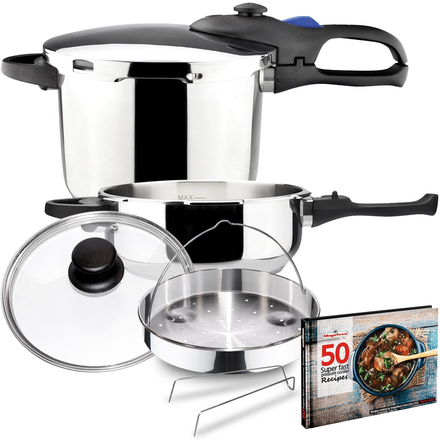 MAGEFESA Favorit 6-in-1 Fast Pressure Cooker Set - 3.2 Qt & 6.3 Qt Stainless Steel Induction Cooker with Heat Diffuser & 5 Safety Systems - Includes Steam Basket, Lid & Recipe Book - Perfect for Quick Meals, Soups & Family Cooking