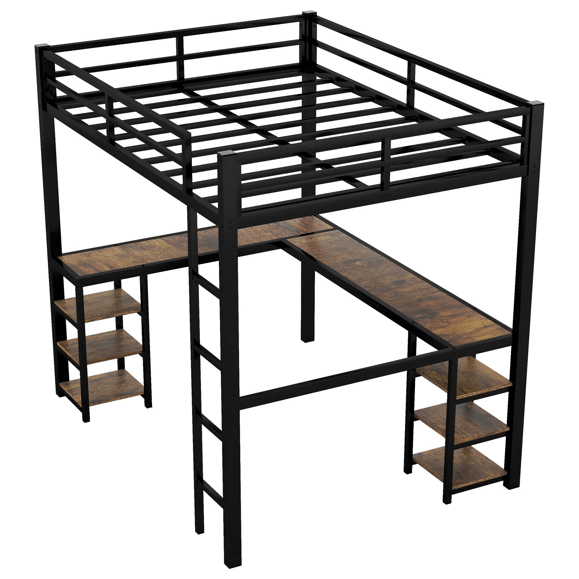 Full Size Loft Bed with L-Shaped Desk & Storage Shelves - Heavy Duty Metal Bunk Bed for Kids & Teens - Space Saving Study & Sleep Solution for Small Bedrooms - Black Full Size Loft Bed with Ladder