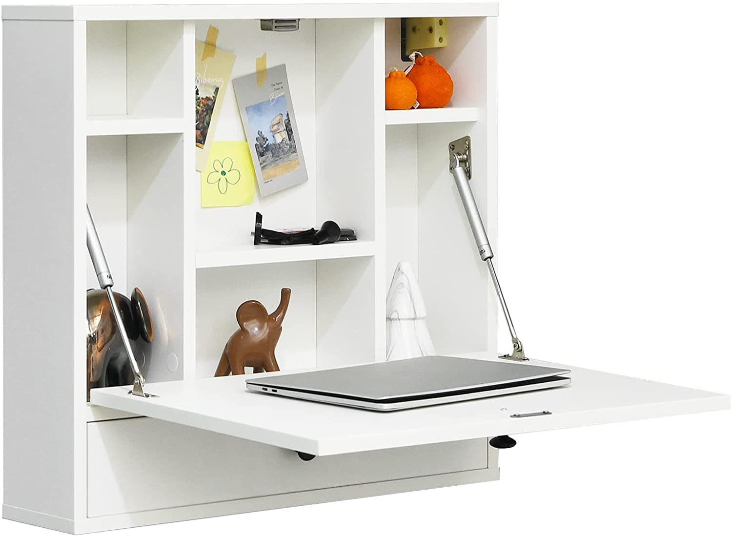 CHEFJOY 2-in-1 Floating Wall Mounted Desk with Foldable Tabletop & Storage Compartments - Space Saving Fold Down Laptop Desk for Home Office, Bedroom & Small Spaces (White) - Perfect for Remote Work, Study Nook & Compact Living Areas