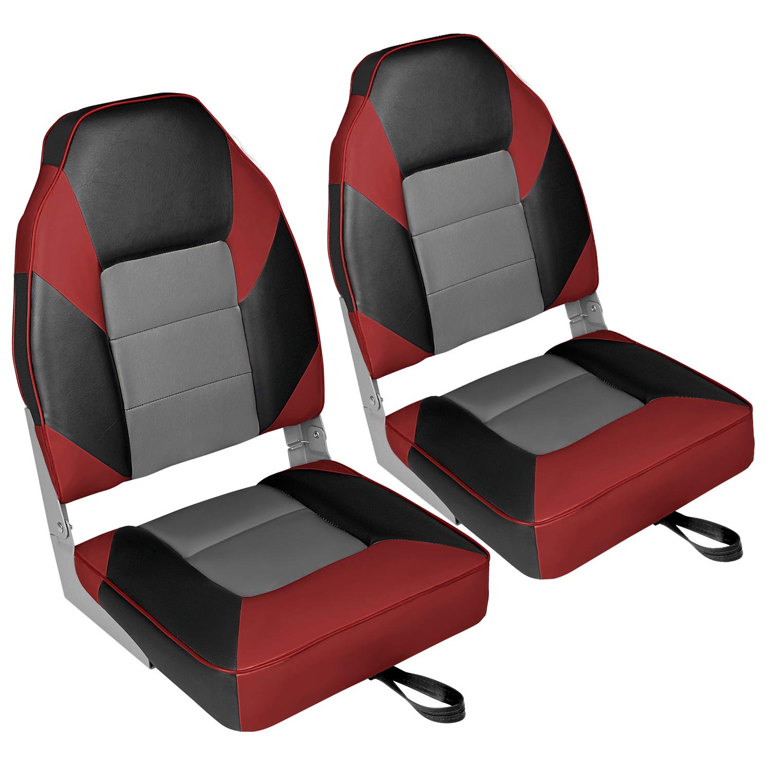 Leader Accessories Elite Low/High Back Folding Fishing Boat Seat Pair (2 Seats) - Red/Charcoal/Black - Perfect for Fishing, Boating, and Outdoor Adventures