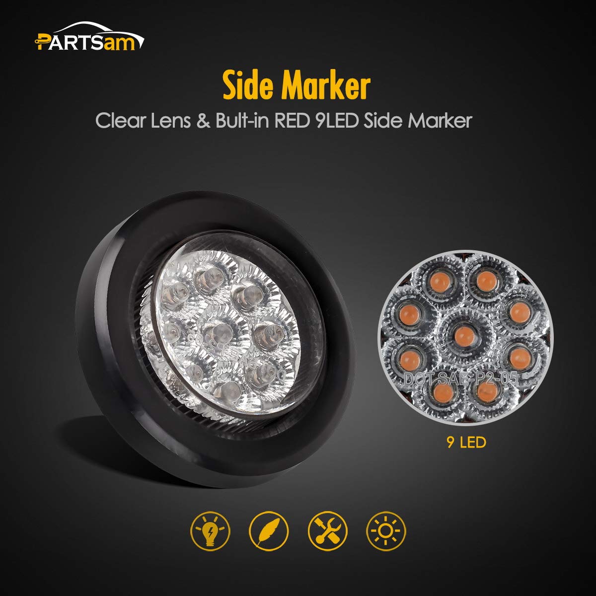 Partsam 5x 2 Inch Red LED Marker Lights - 9 LED Round Clearance Lights with Grommet & Pigtail for Trailers, Trucks, RVs & Campers - Clear Lens - Durable Cab Panel Lights for Nighttime Visibility & Safety