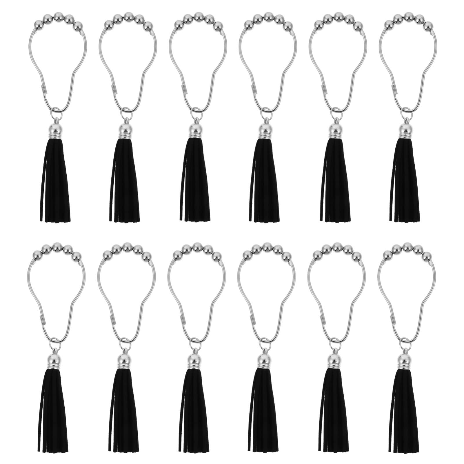 Amosfun 12-Pack Decorative Shower Curtain Hooks with Tassels - Stainless Steel Rust-Resistant Rollerball Rings for Bathroom Shower Rod - Elegant Black Hooks for Shower Liners & Curtains | Perfect for Modern Bathroom Decor & Spa-Like Showers
