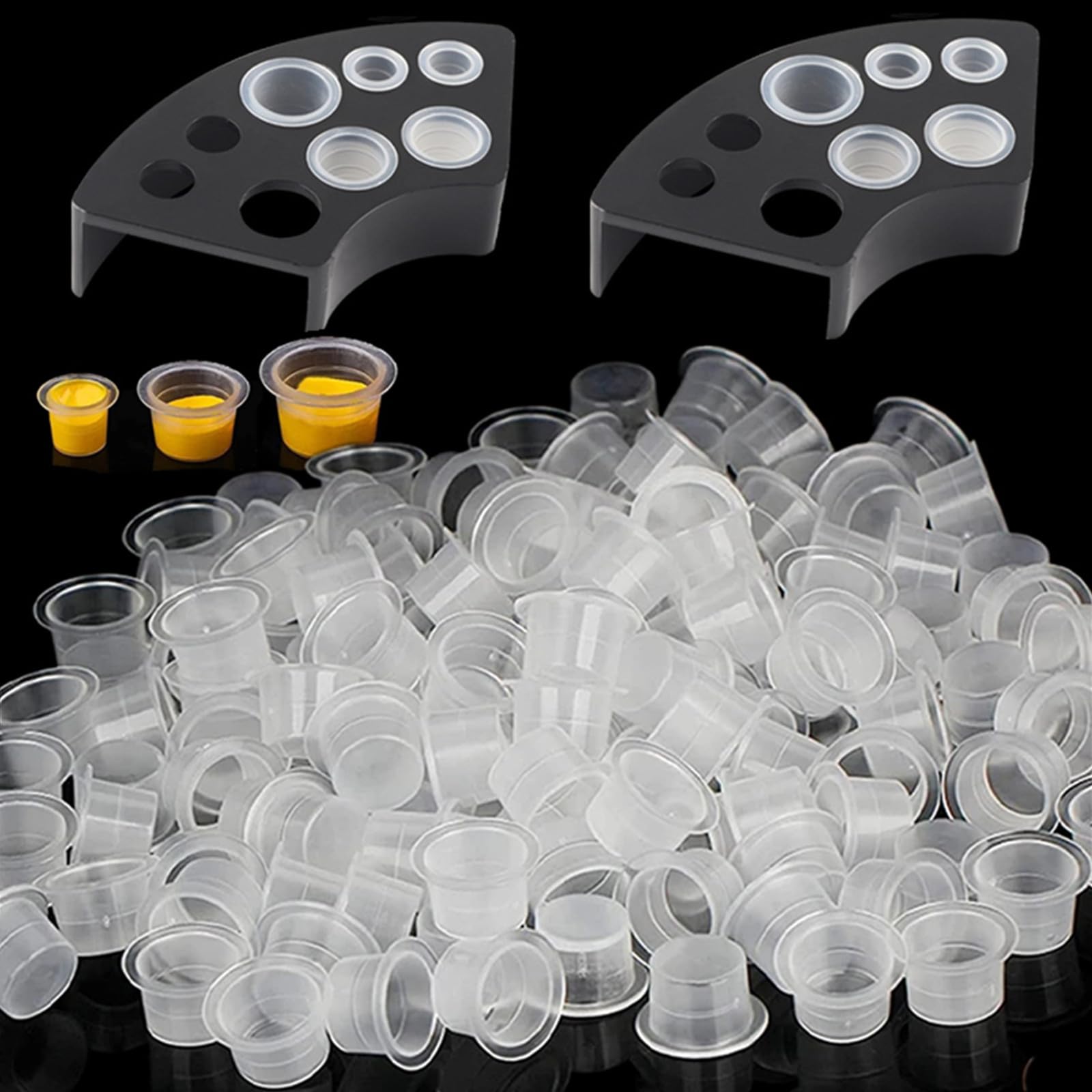 Yuelong 300pcs Disposable Tattoo Ink Caps Kit with 2 Plastic Cup Holders - Mixed Sizes for Permanent Makeup & Tattoo Supplies - Perfect for Professional Artists & Home Tattoo Studios
