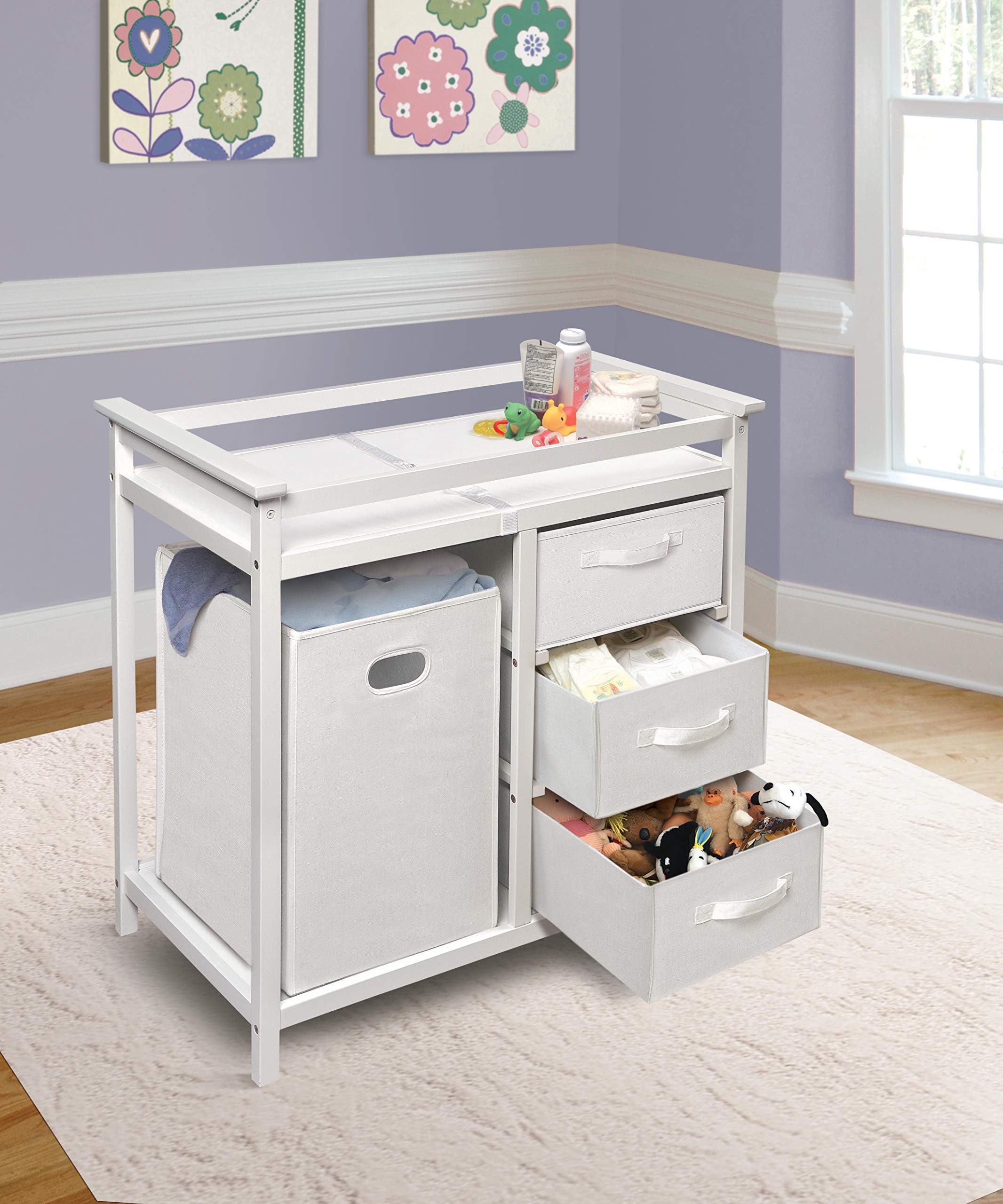 Modern Baby Changing Table with Laundry Hamper & 3 Storage Drawers - White Nursery Organizer for Diaper Changing Station | Perfect for Newborn Care & Nursery Organization