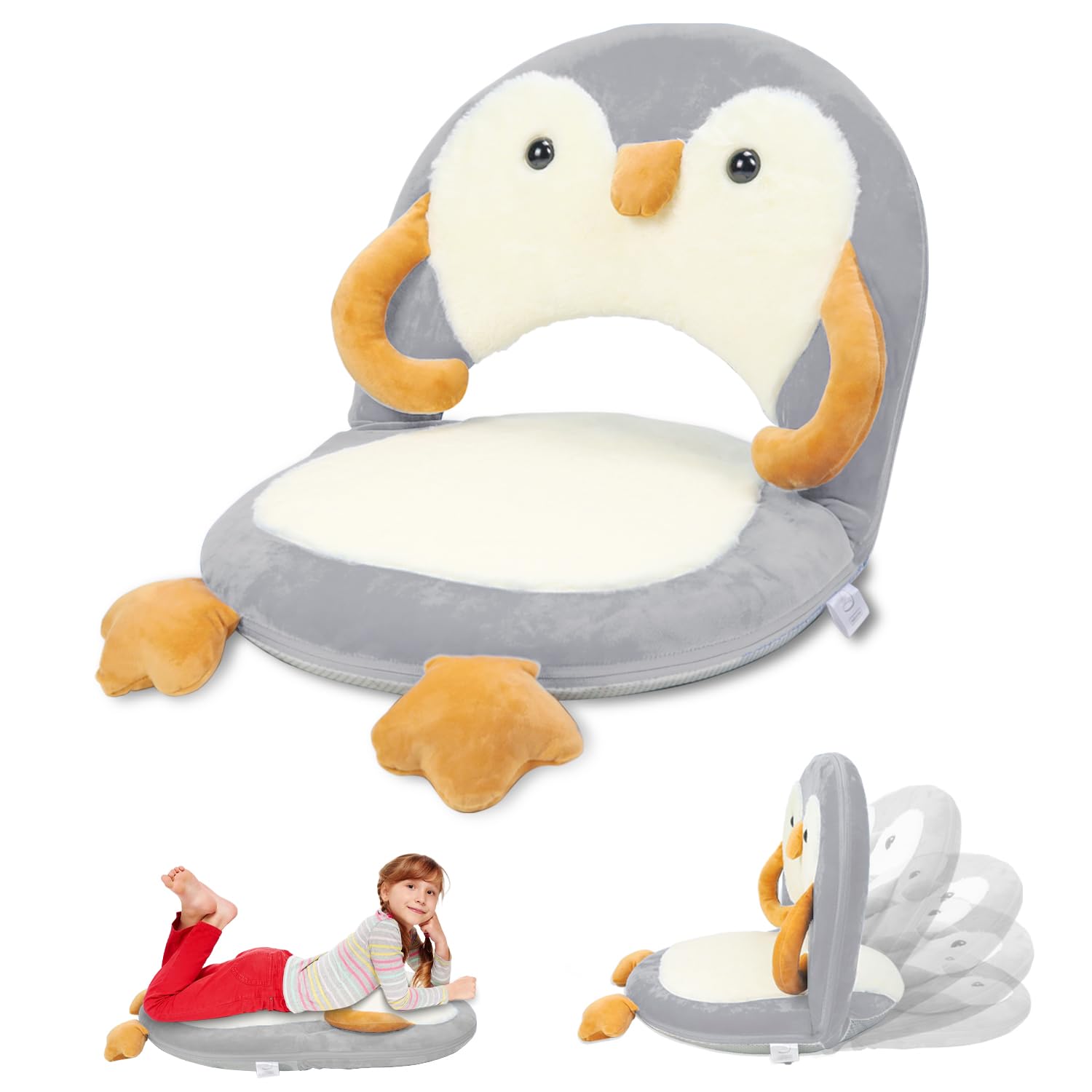 Adjustable Kids Floor Chair with Back Support - 5-Position Penguin Seat for Reading, Gaming, Yoga & Meditation - Perfect for Daycare, Preschool & Classroom Use (Grey) - Cozy Study Nook & Playroom Essential