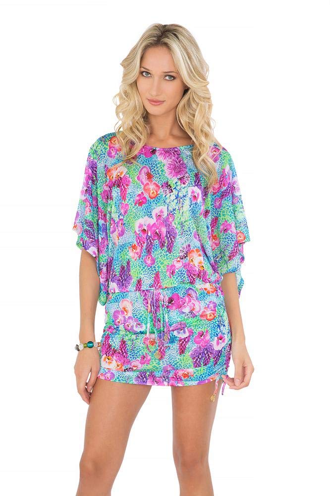 Luli Fama Women's PEQUEÑO Paraiso South Beach Dress - Floral Print, Ruffled Hem, M/Multicolor - Perfect for Beach Vacations, Pool Parties & Summer Outings