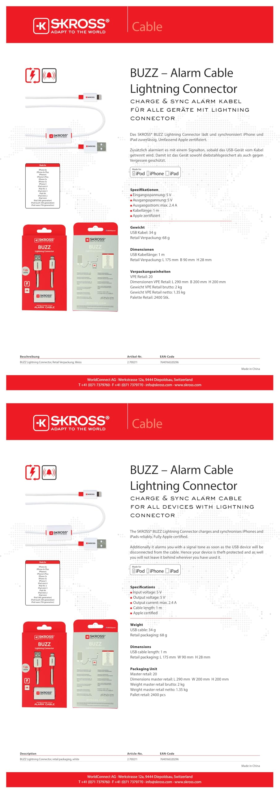 Skross Buzz Lightning Connector Charge and Sync Alarm Cable - Compatible with iPhone, iPad & All Lightning Devices | Fast Charging & Data Sync | Perfect for Home, Office & Travel [SKR2700211]