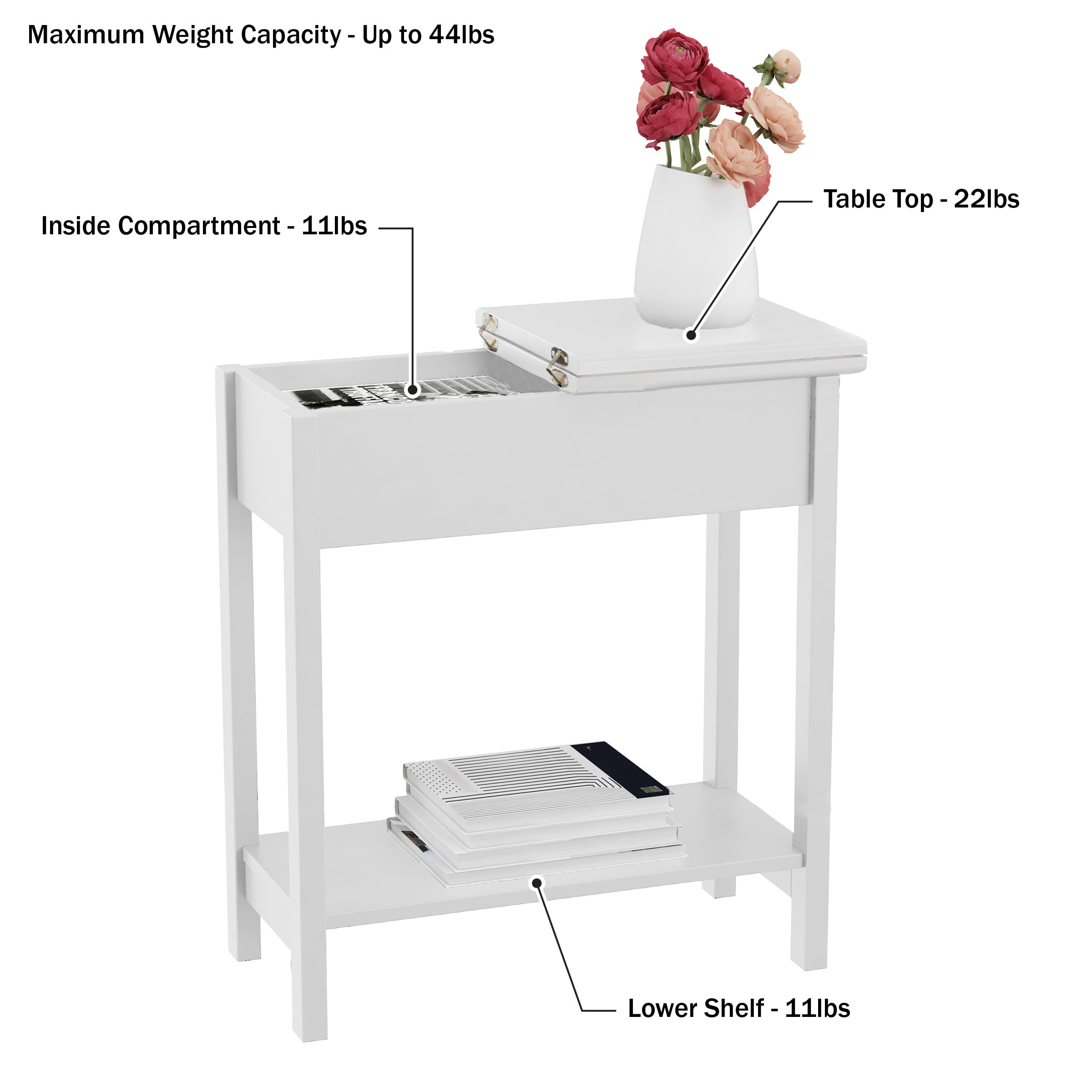 Lavish Home Flip Top Console Table Set of 2 - White End Tables with Hidden Hinged Storage & Lower Shelf for Living Room, Bedroom, Entryway | Space-Saving Modern Furniture for Small Apartments & Home Organization