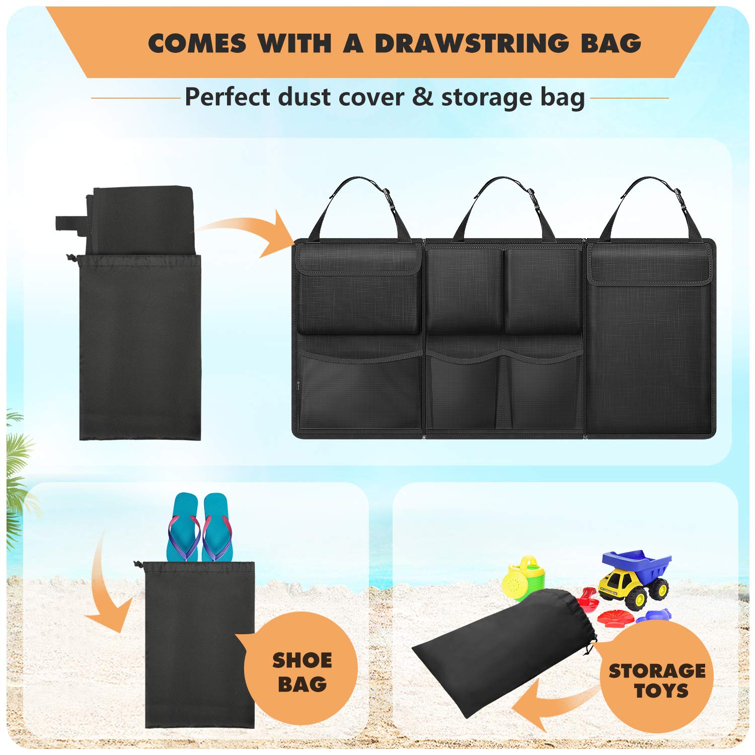 FINPAC Car Trunk Organizer & Storage - Detachable Seat Back Hanging Organizer with Zippers, Large Capacity SUV & Van Storage Accessories for Jeep, Truck, Minivan (Black) | Perfect for Road Trips, Camping & Grocery Shopping