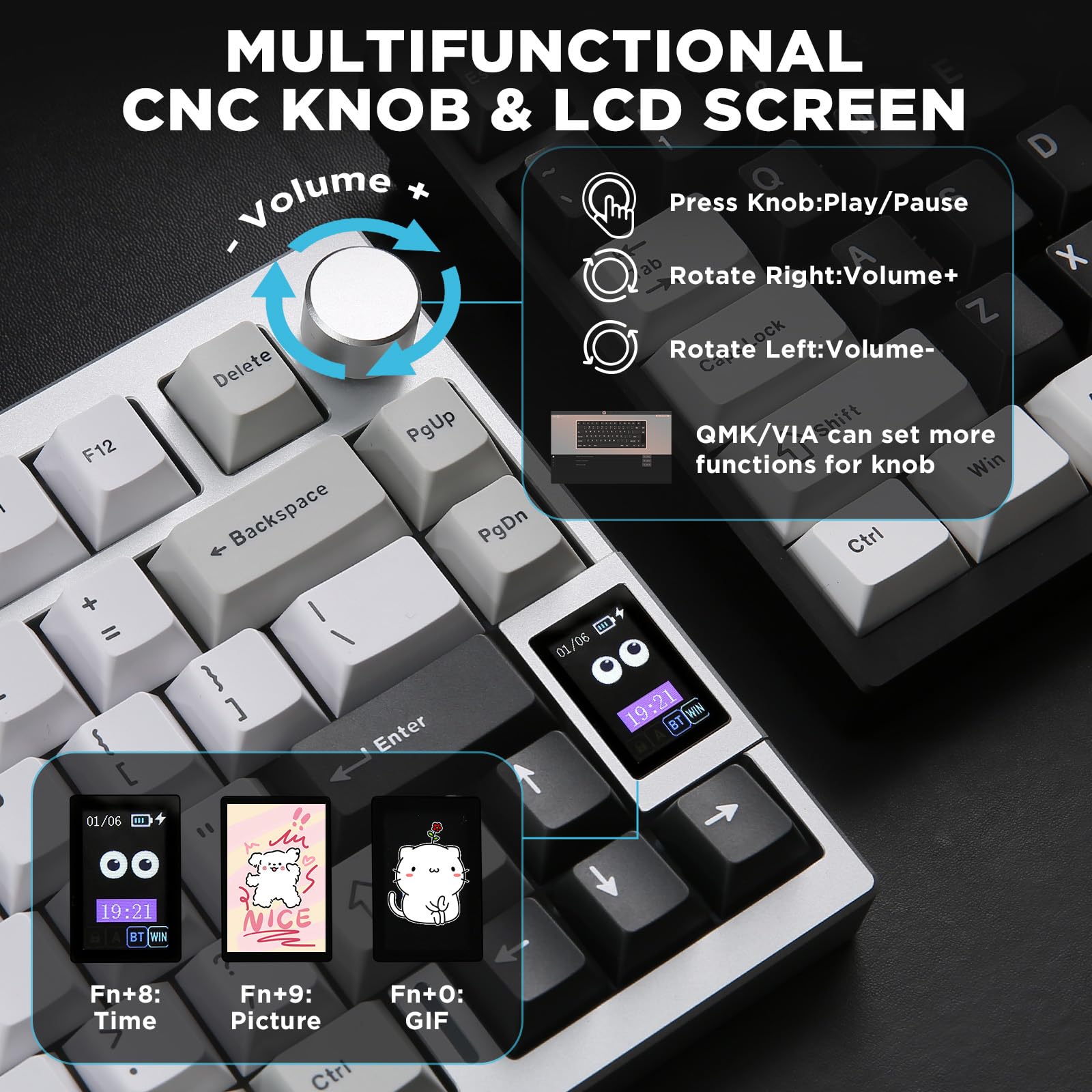 YUNZII AL80 Wireless Mechanical Keyboard - Full Aluminum CNC, Smart LCD Display, Hot Swappable Gasket Mount 75% Layout with Knob, BT/2.4G/USC-C, QMK/VIA Support for Windows & Mac (Silver, Gateron Zero Switch) - Perfect for Gaming, Coding & Office Work
