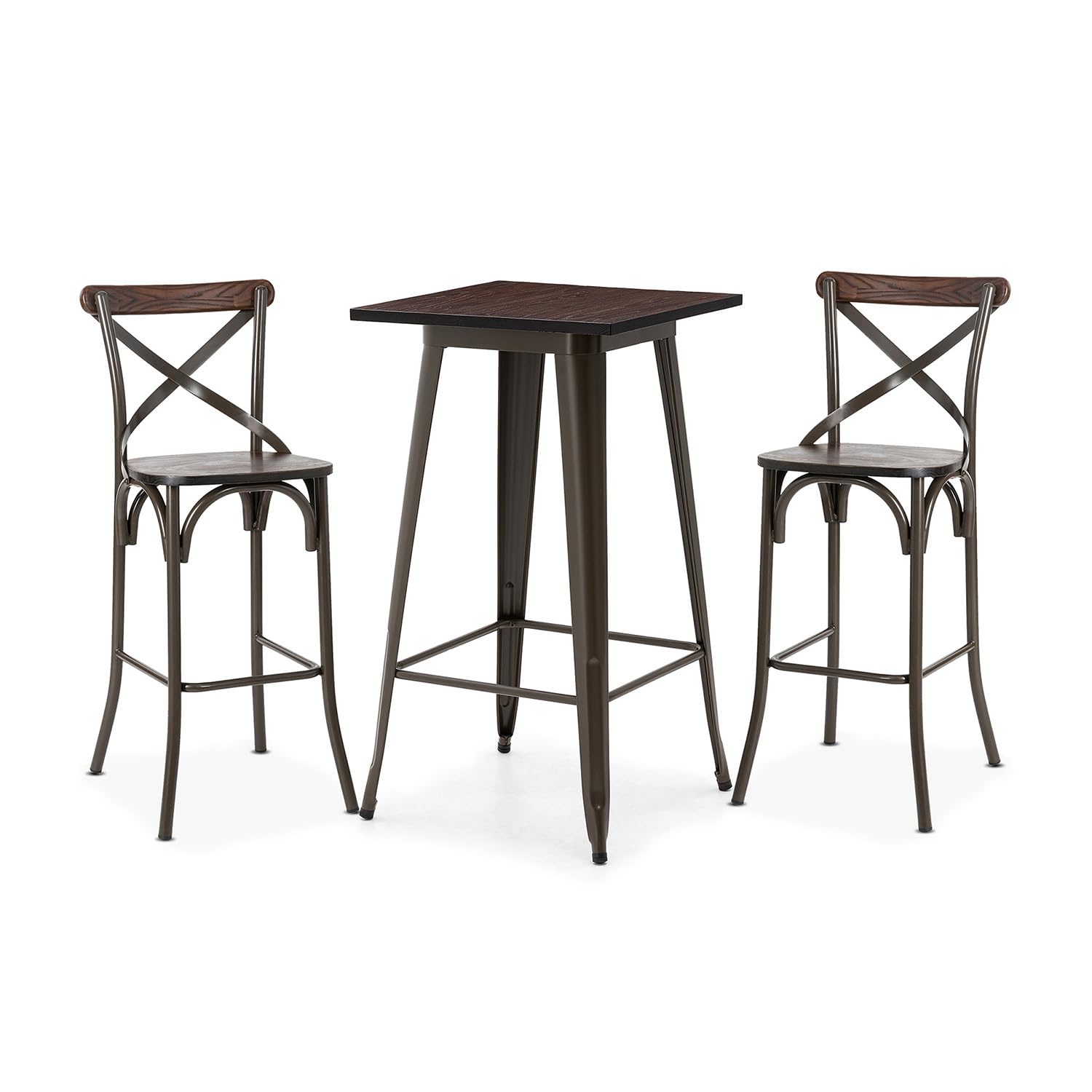 Glitzhome 3-Piece Rustic Steel Square Bar Table and High Back Bar Stools Set - Industrial Style Dining Table and Chairs for Kitchen, Pub, and Restaurant Use