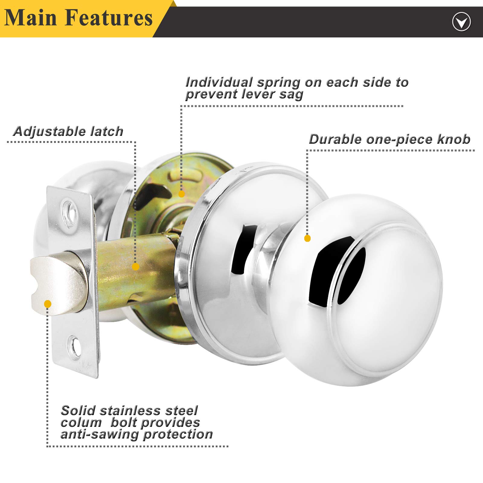Polished Chrome Keyless Door Knob - Colonial Style for Closet & Hall