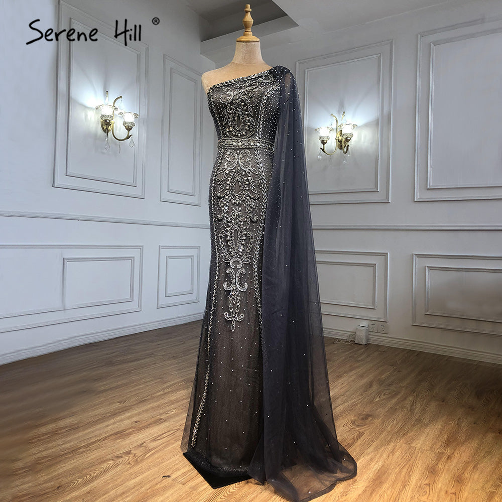 Elegant Grey Mermaid Evening Gown with Cape Sleeves & Beaded Details - One Shoulder Formal Dress for Women - Perfect for Prom, Gala & Black Tie Events - LA71270