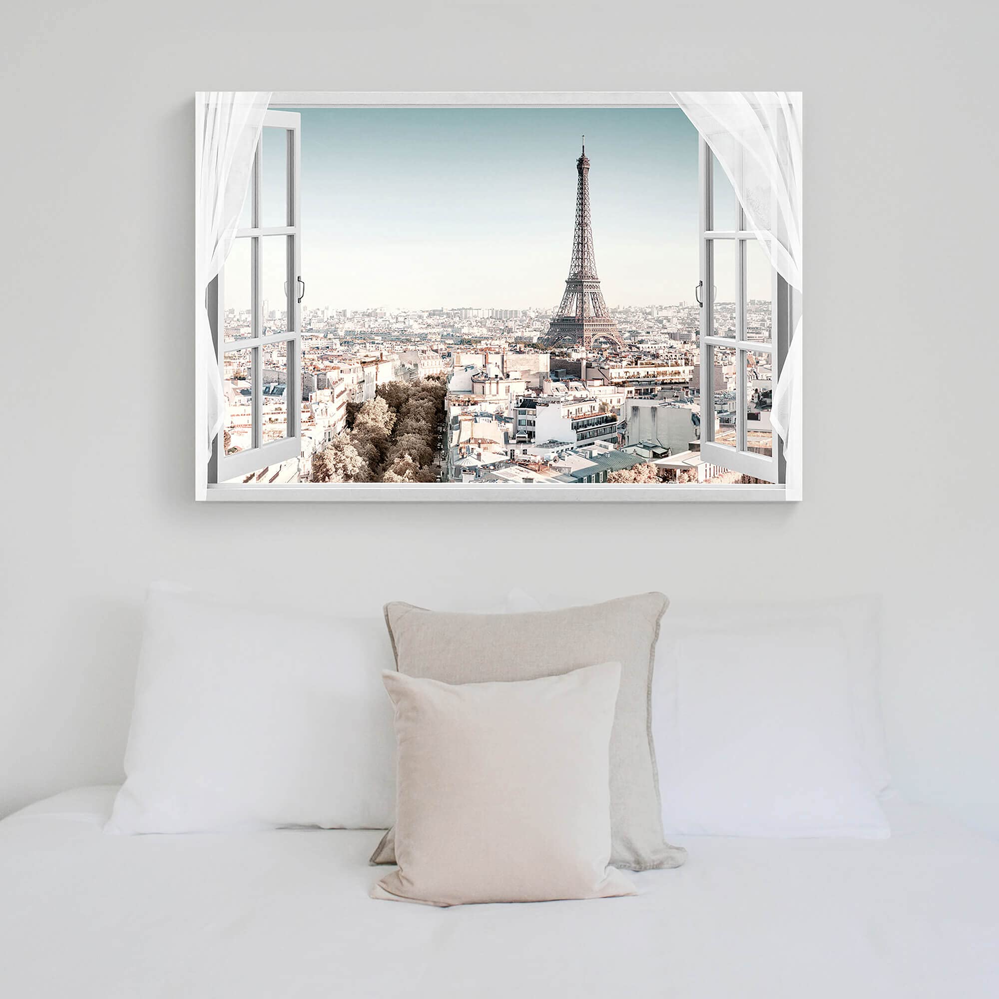 WALLSUP DECOR Paris Cityscape Canvas Wall Art - Modern Eiffel Tower Window View Painting, Large Fake Window Print for Living Room Decor, Bedroom & Office | Perfect Gift for Home Interior Design