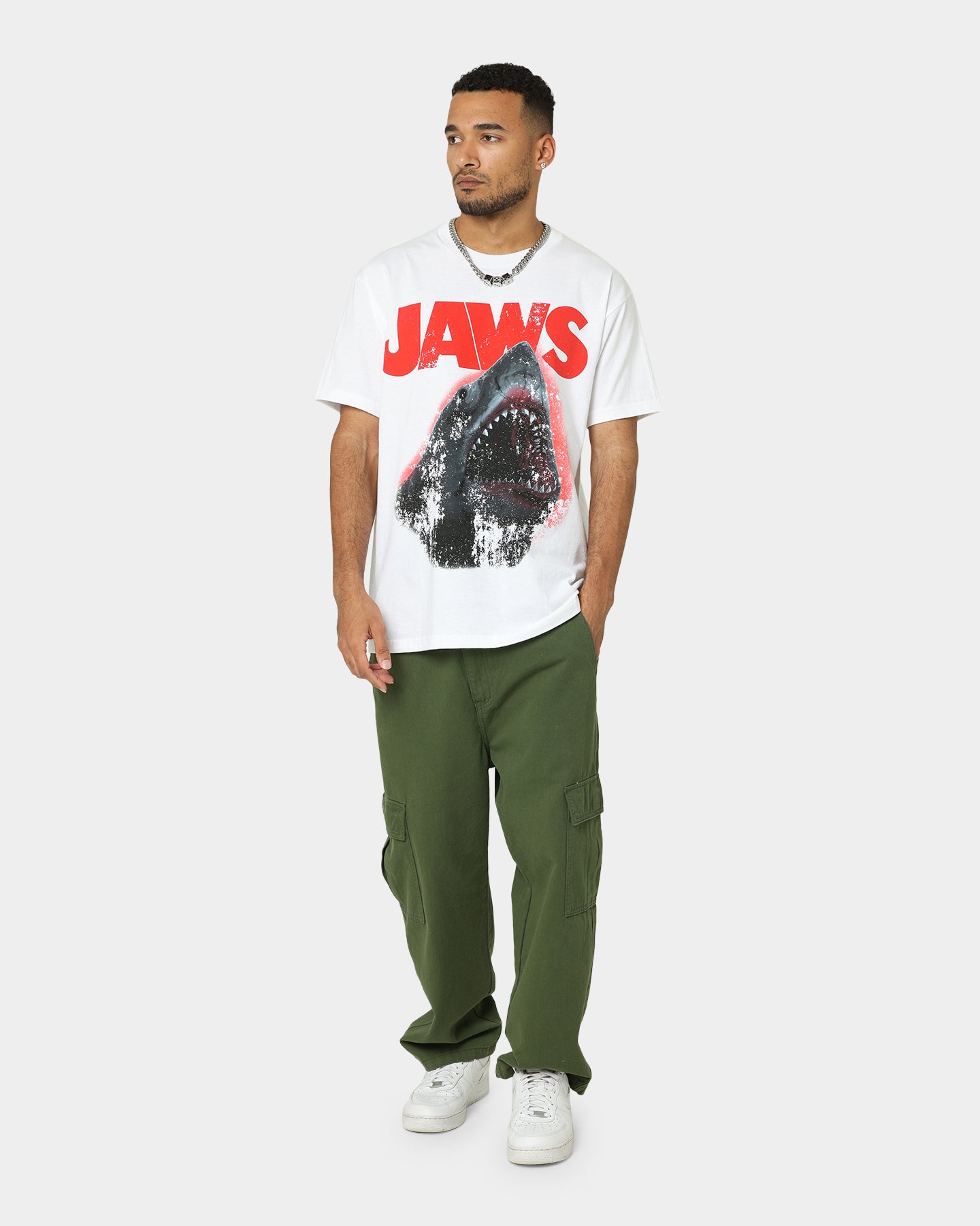 Vintage American Thrift Jaws Graphic T-Shirt - White Cotton Tee for Men & Women - Perfect for Casual Wear, Movie Nights, and Shark Lovers