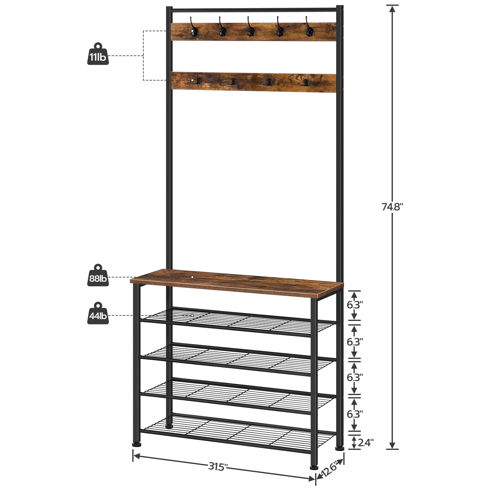 HOOBRO Industrial Hall Tree with Bench - 5-Tier Shoe Storage & 9-Hook Coat Rack for Entryway, Closet - Rustic Brown & Black BF80MT01G2 - Perfect for Mudroom Organization & Small Space Entry Solutions