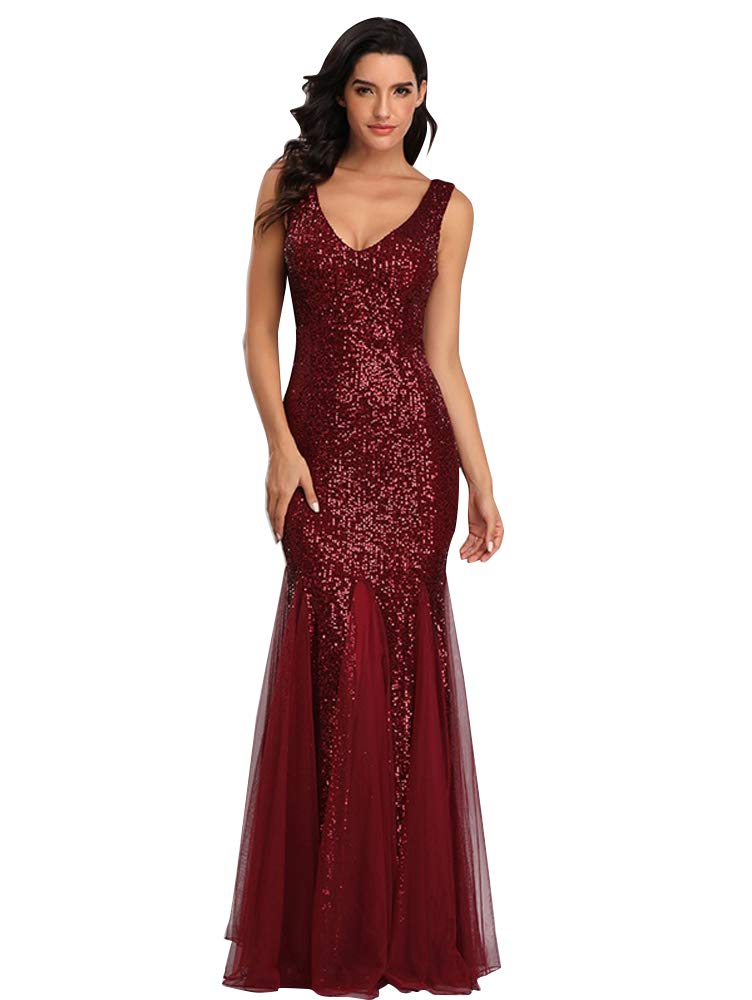 Sparkling Burgundy Sequin Mermaid Prom Dress for Women - Elegant Double V-Neck Sleeveless Formal Gown for Homecoming, Evening Parties & Special Occasions