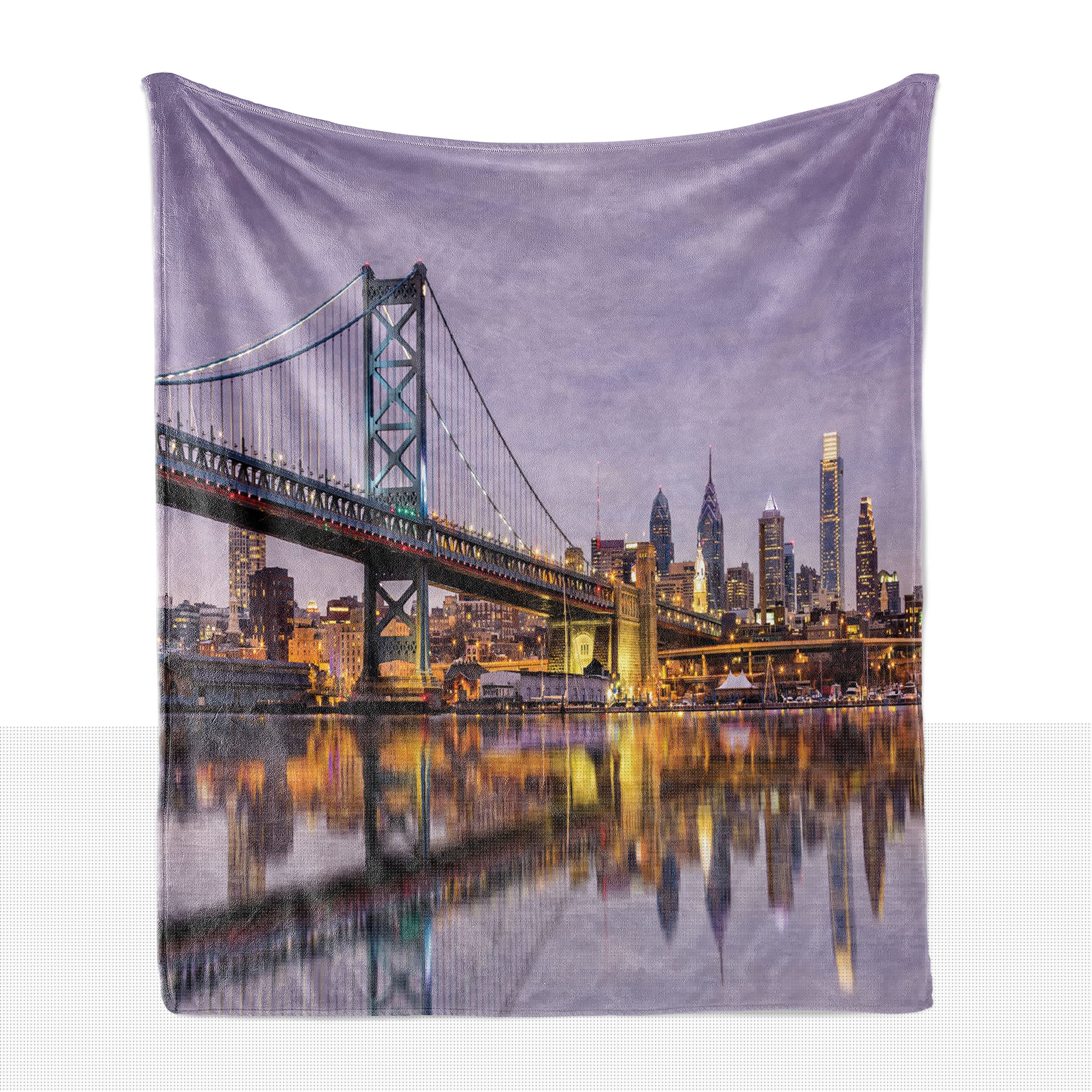 Lunarable USA Soft Flannel Fleece Throw Blanket - Ben Franklin Bridge & Philadelphia Skyline Sunset Design, 50