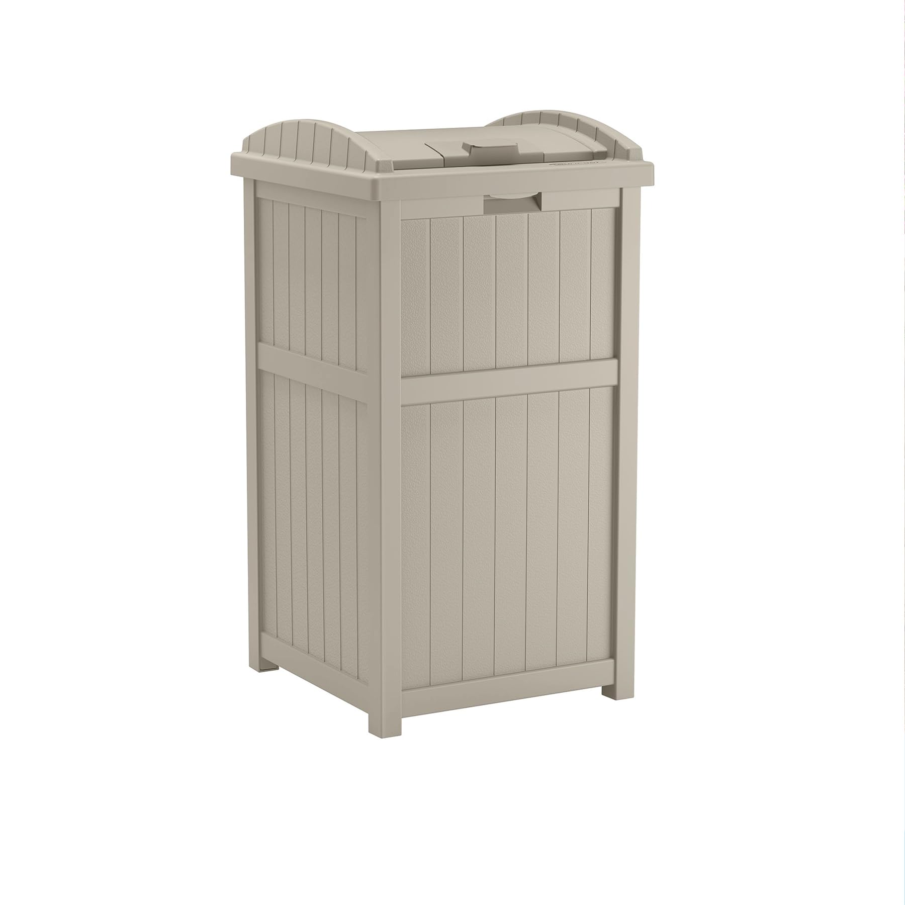 Suncast 33 Gallon Hideaway Resin Outdoor Trash Can with Lid - Durable Taupe Patio & Deck Waste Bin for Backyard, Garden, Poolside & Outdoor Spaces