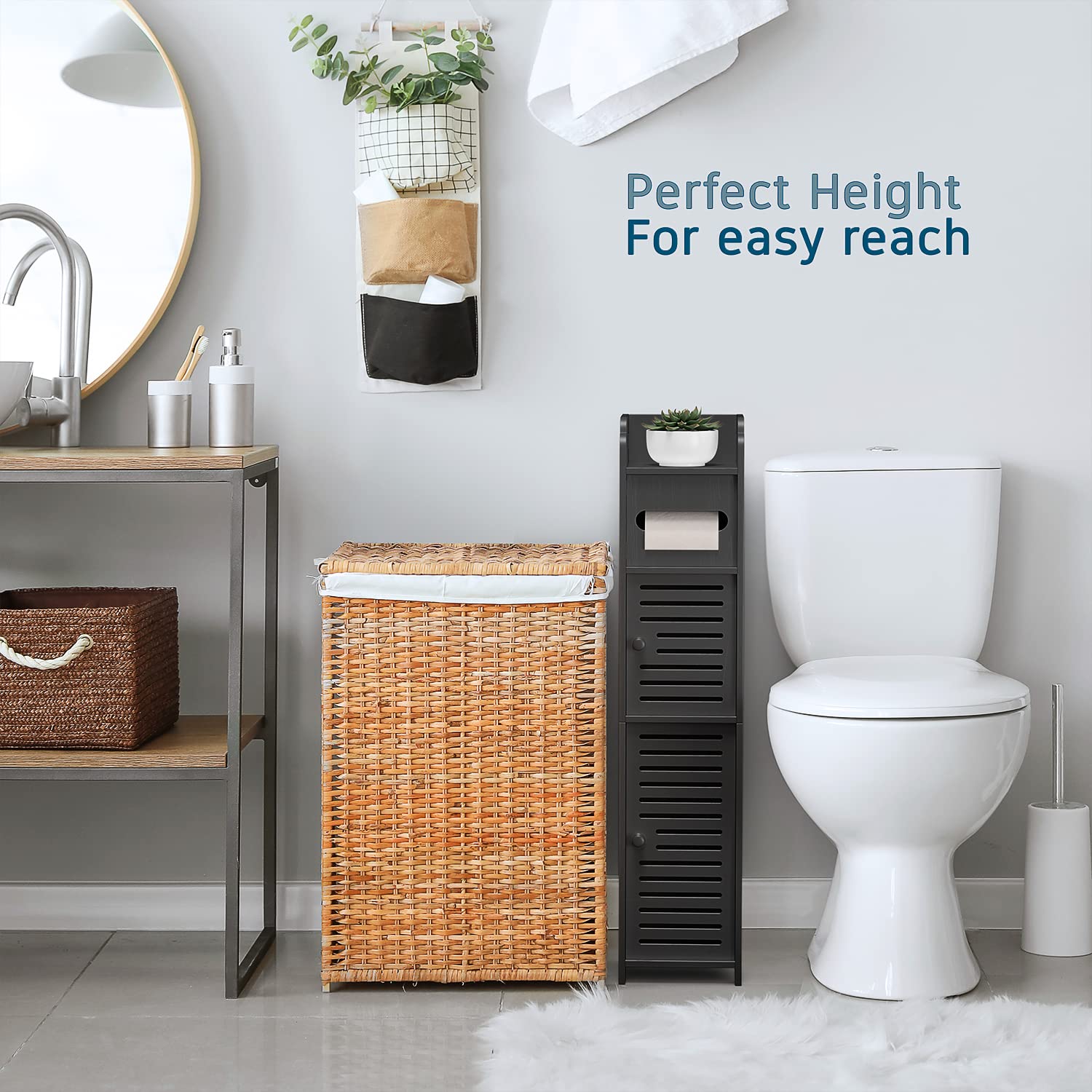 Nestl Small Bathroom Storage Cabinet with 2 Doors & 3 Shelves - Narrow Corner Floor Organizer for Towel, Toilet Paper & Bath Essentials - Space-Saving Black Bathroom Cabinet for Apartments & Small Bathrooms