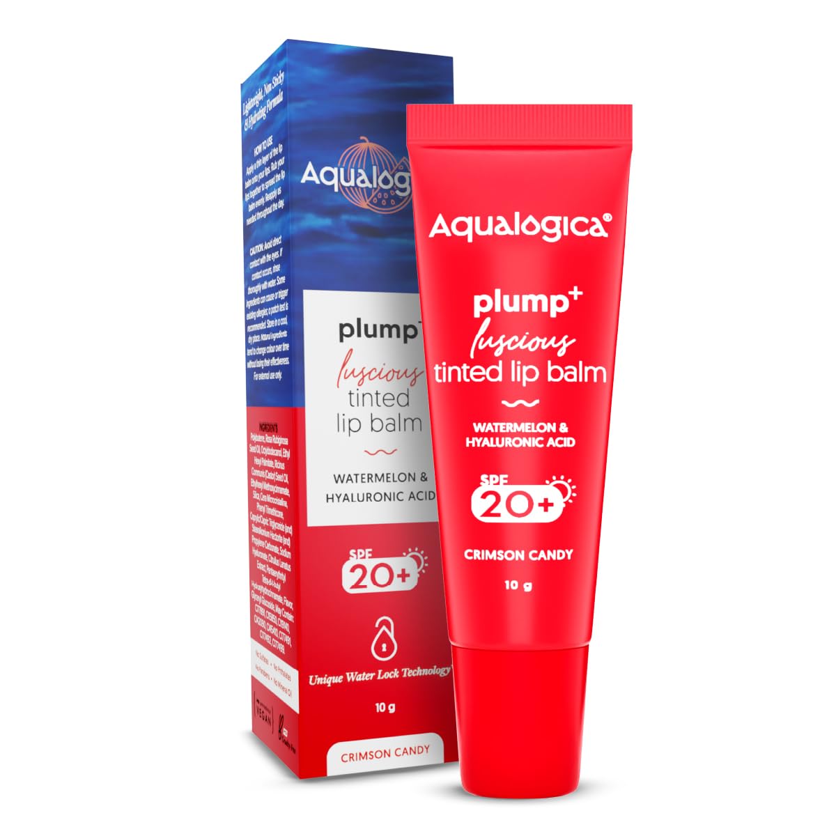 Aqualogica Plump+ Luscious Tinted Lip Balm for Men & Women - Hydrating Lip Mask for Dry, Dark & Pigmented Lips with Watermelon & Hyaluronic Acid - 10g (Crimson Candy) - Perfect for Daily Moisture & Natural Lip Color Enhancement