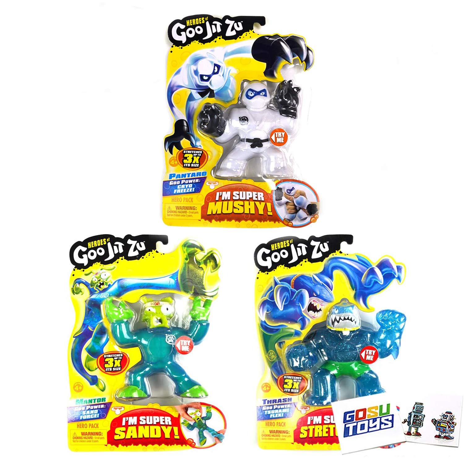 Heroes of Goo JIT Zu 3-Pack Action Figures - Mantor, Pantaro, Thrash with 2 Exclusive GosuToys Stickers | Collectible Toy Set for Kids, Perfect for Playtime, Display & Gift Giving