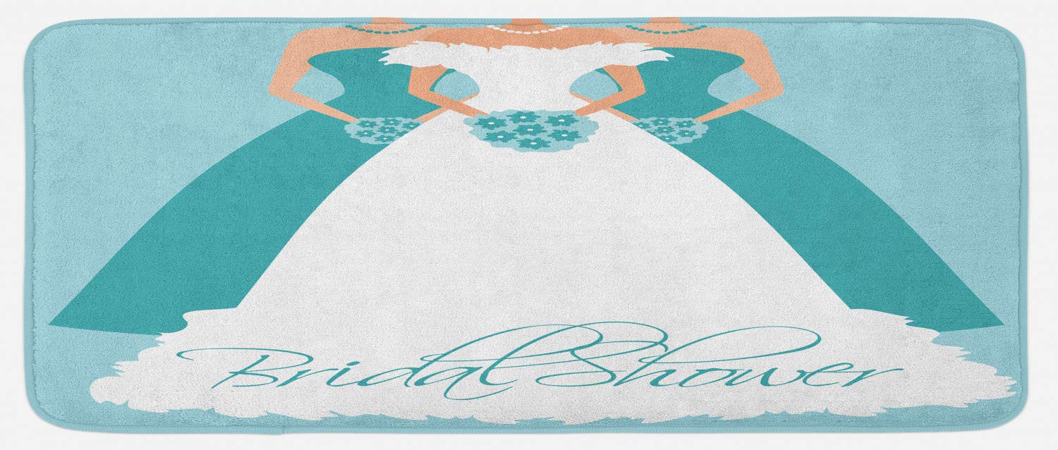 Ambesonne Plush Non-Slip Kitchen Mat - Bridal Shower Decor with Floral Bride & Bridesmaids Artwork, 47x19 Inches, Turquoise Blue & White - Perfect for Wedding Celebrations, Kitchen Decor & Gift Ideas
