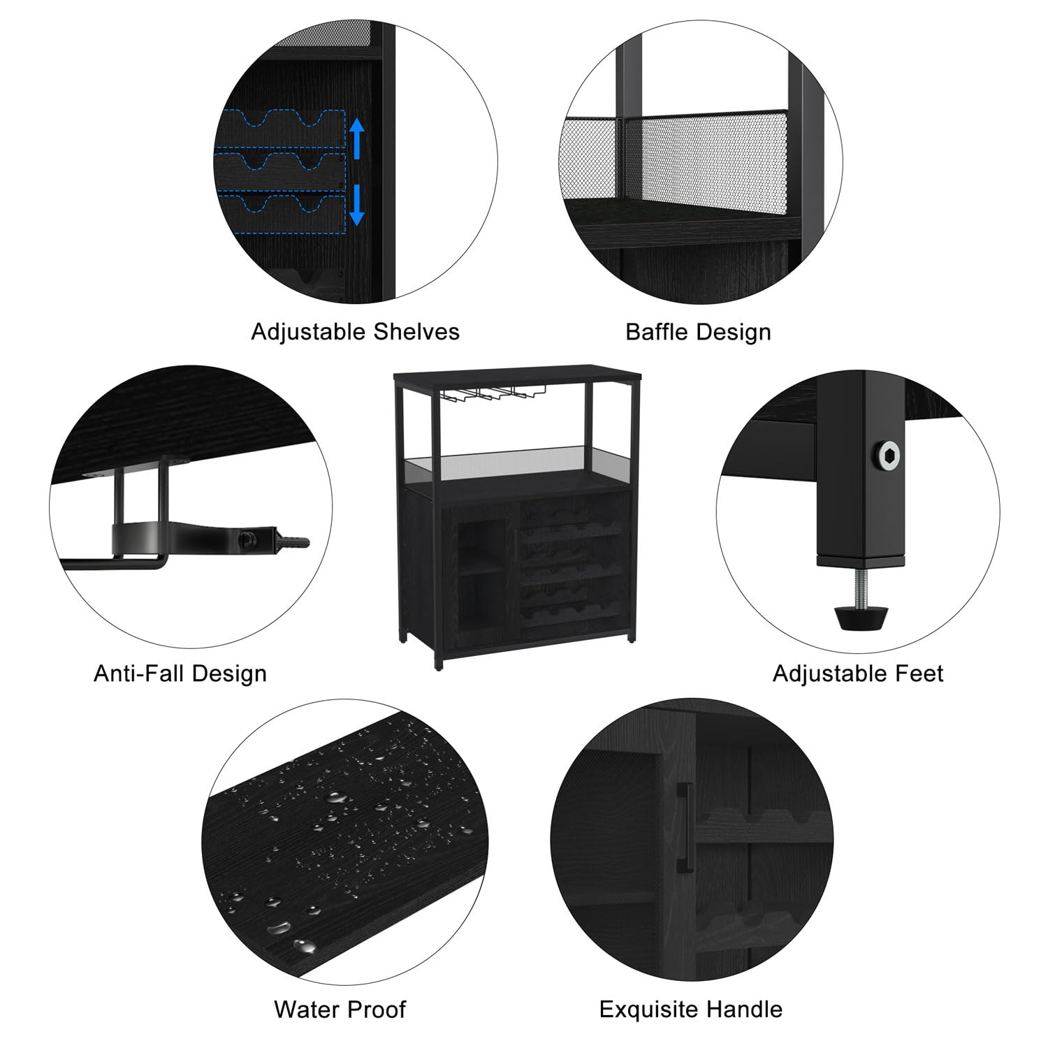 GAOMON Wine Bar Cabinet with Storage - Farmhouse Coffee Bar Cabinet with Detachable Rack, Drawer & Glass Holder - Rustic Buffet Sideboard with Mesh Door (Black) - Perfect for Dining Room, Kitchen or Home Bar Organization