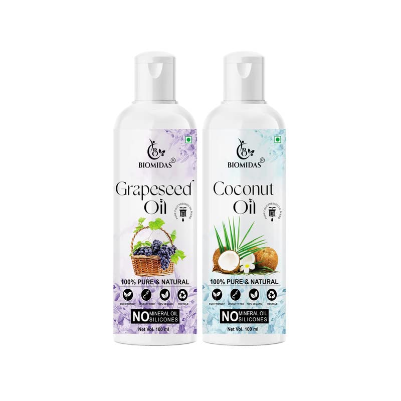Biomidas 100% Pure Grapeseed Oil & Coconut Oil Combo Set (2 x 100ml) - Natural Hair Growth Treatment for Faster Growth, Anti Hair Fall, Split Ends Repair & Shine Enhancement | Perfect for Daily Hair Care, Scalp Massage & DIY Hair Masks