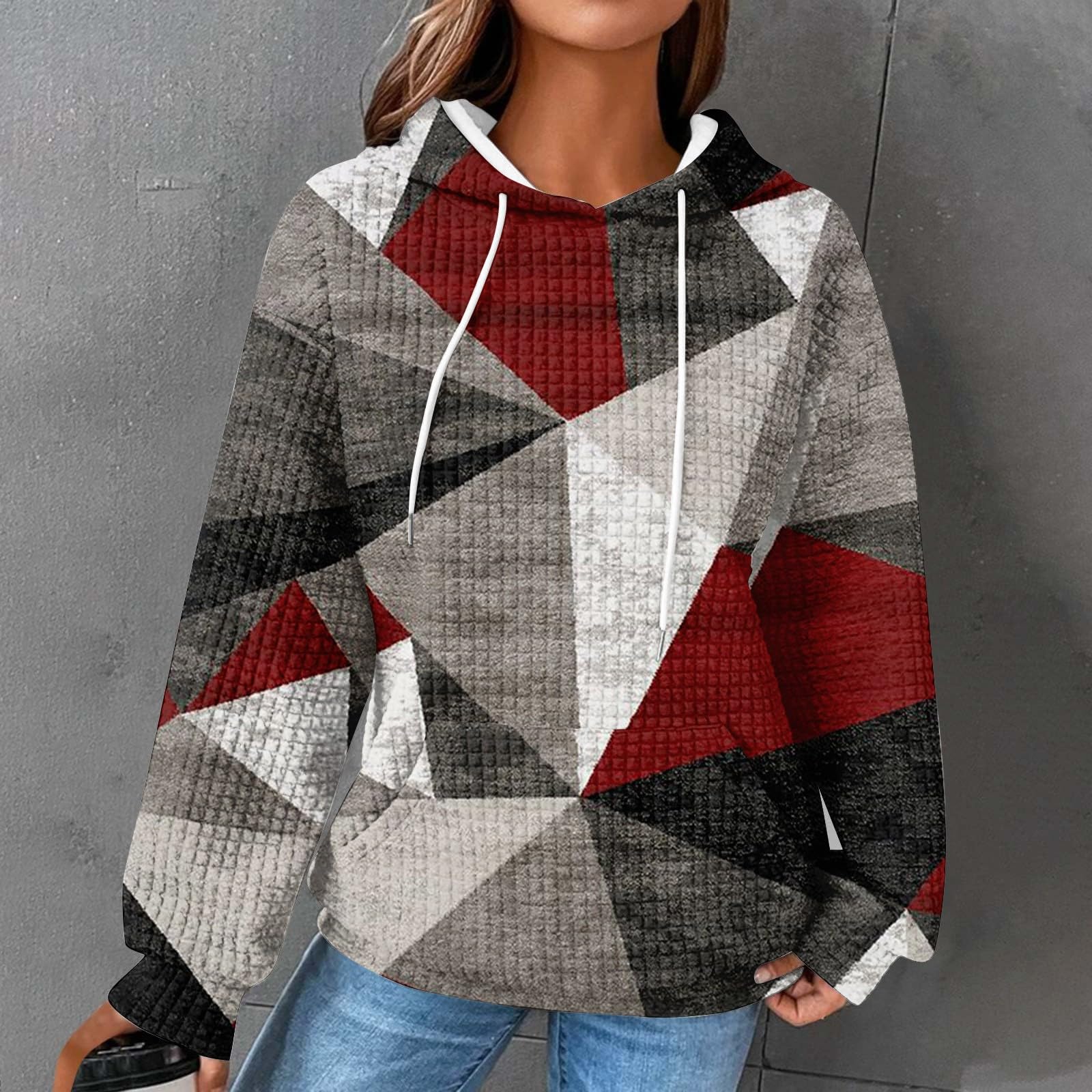 Stylish Women's Long Sleeve Waffle Pullover Top with Pocket - Loose Fit Printed Drawstring Shirt for Casual Wear, Fall Outfits & Cozy Loungewear
