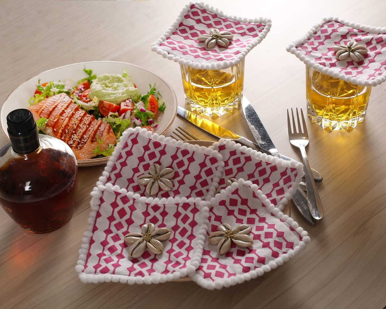 Handmade Cotton Drink Coasters Set of 6 - 5x5cm Square Absorbent Coasters for Coffee, Tea, Whiskey, Wine & Beer Glasses - Pink Bar & Tabletop Protectors for Home, Office & Restaurant Use