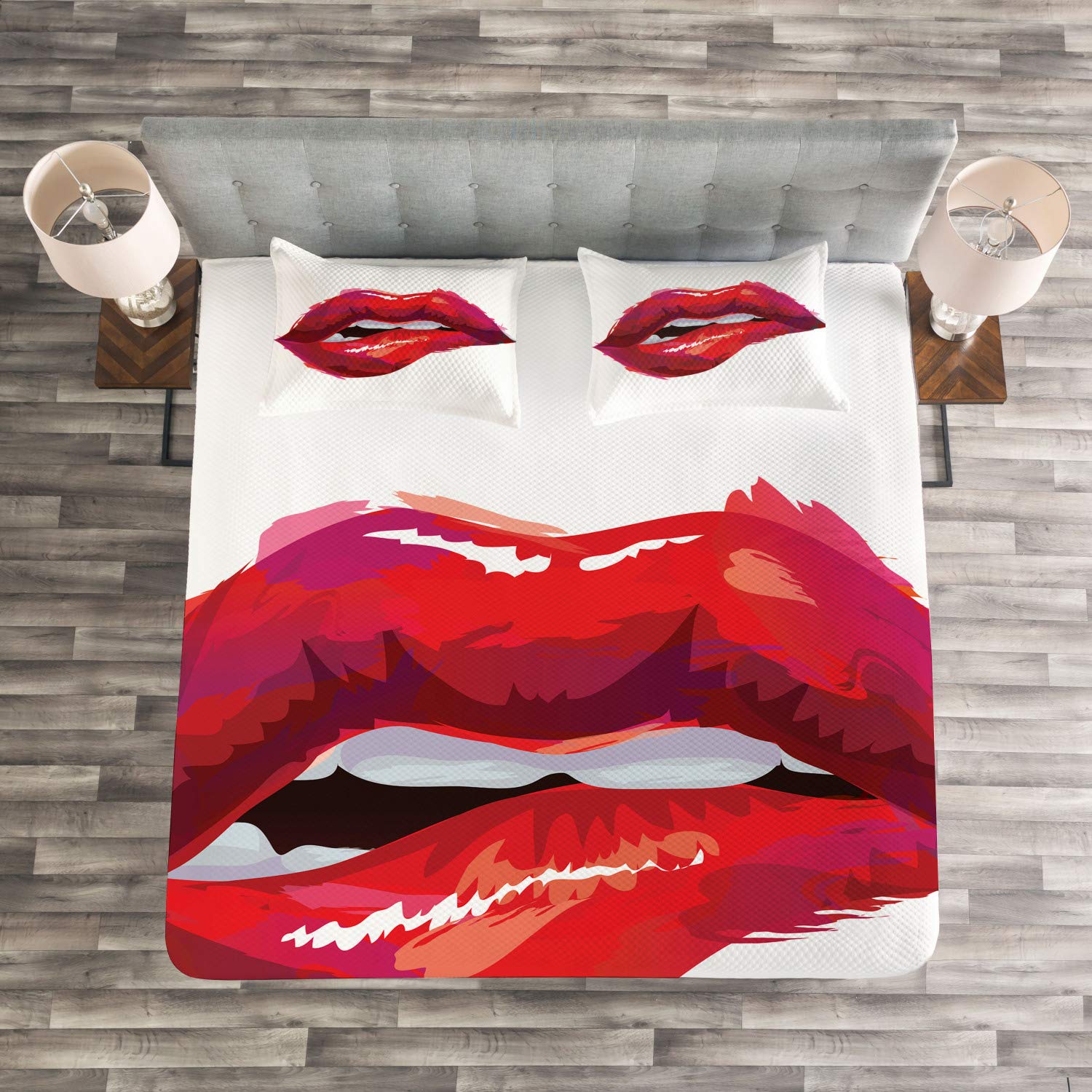 Ambesonne Lips Bedspread Set - King Size 3-Piece Quilted Coverlet with 2 Pillow Shams, Dark Coral Pink & White, Modern Woman Biting Lips Design on Plain Background | Perfect for Master Bedroom, Guest Room Decor, Valentine's Gift & Contemporary Home Styling