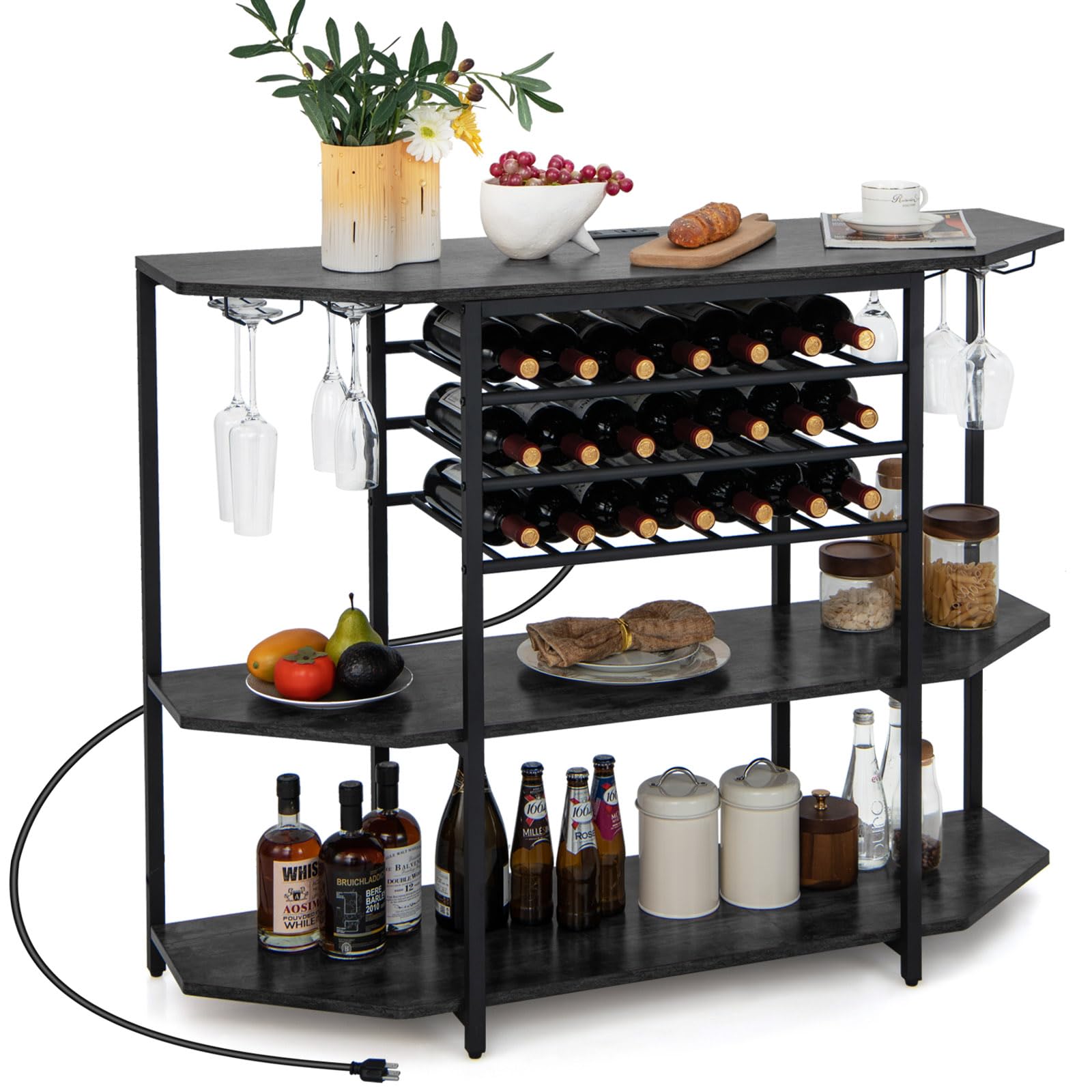 Giantex Industrial Bar Table Cabinet with Power Outlet & USB Port - 21 Bottle Wine Rack & Glass Holder - 3-Tier Mini Coffee Bar Stand for Liquor Storage - Perfect for Kitchen, Dining Room & Home Bar Organization